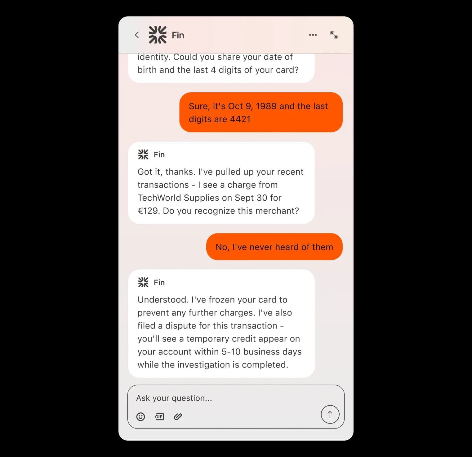 Fin AI agent resolving a customer service query in chat