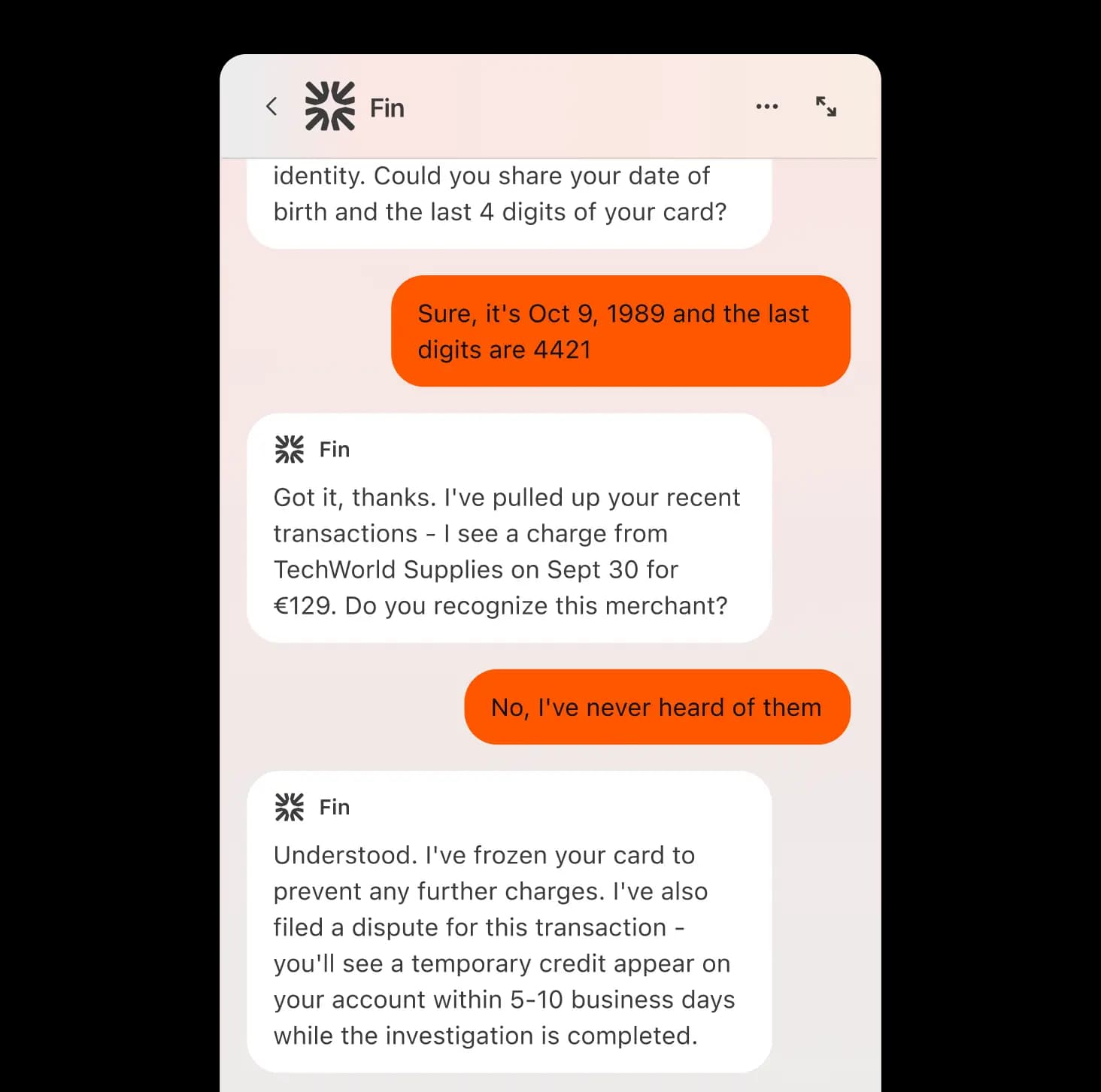 Fin AI agent resolving a customer service query in chat