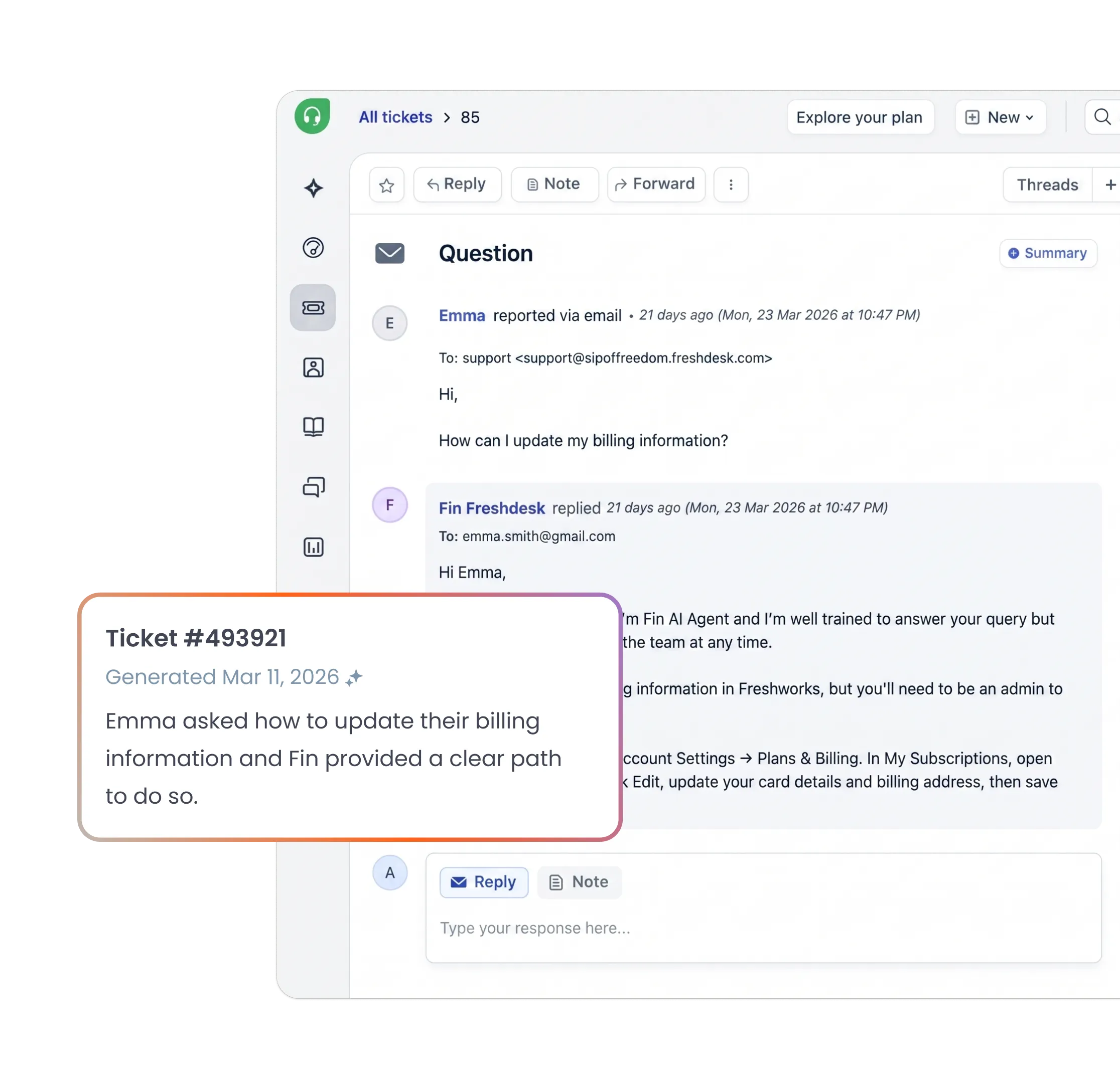 Fin resolving a customer query inside Freshdesk