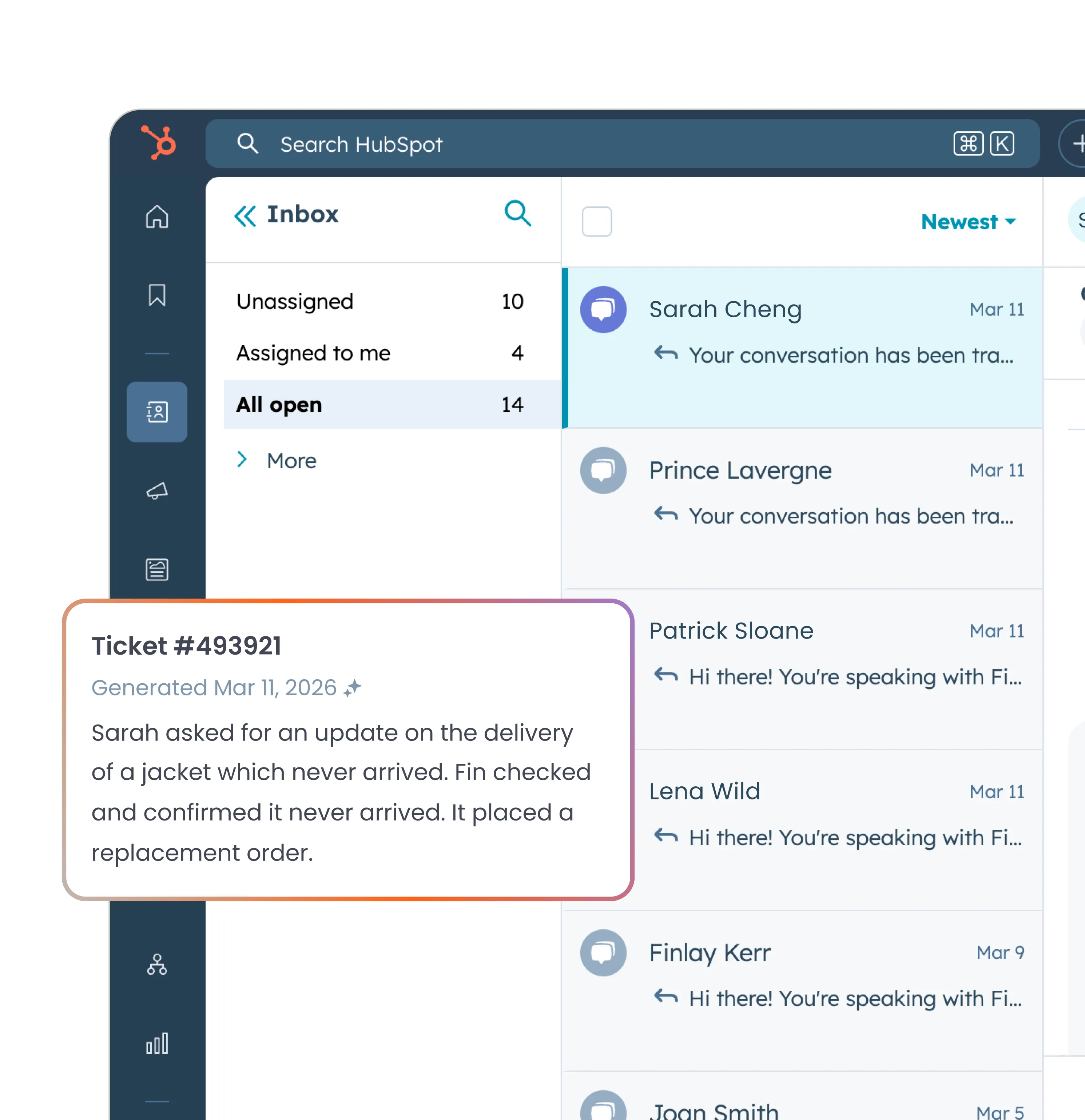 Fin resolving a customer query inside HubSpot