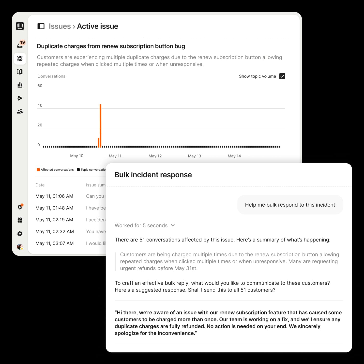 Bulk incident response interface showing affected conversations