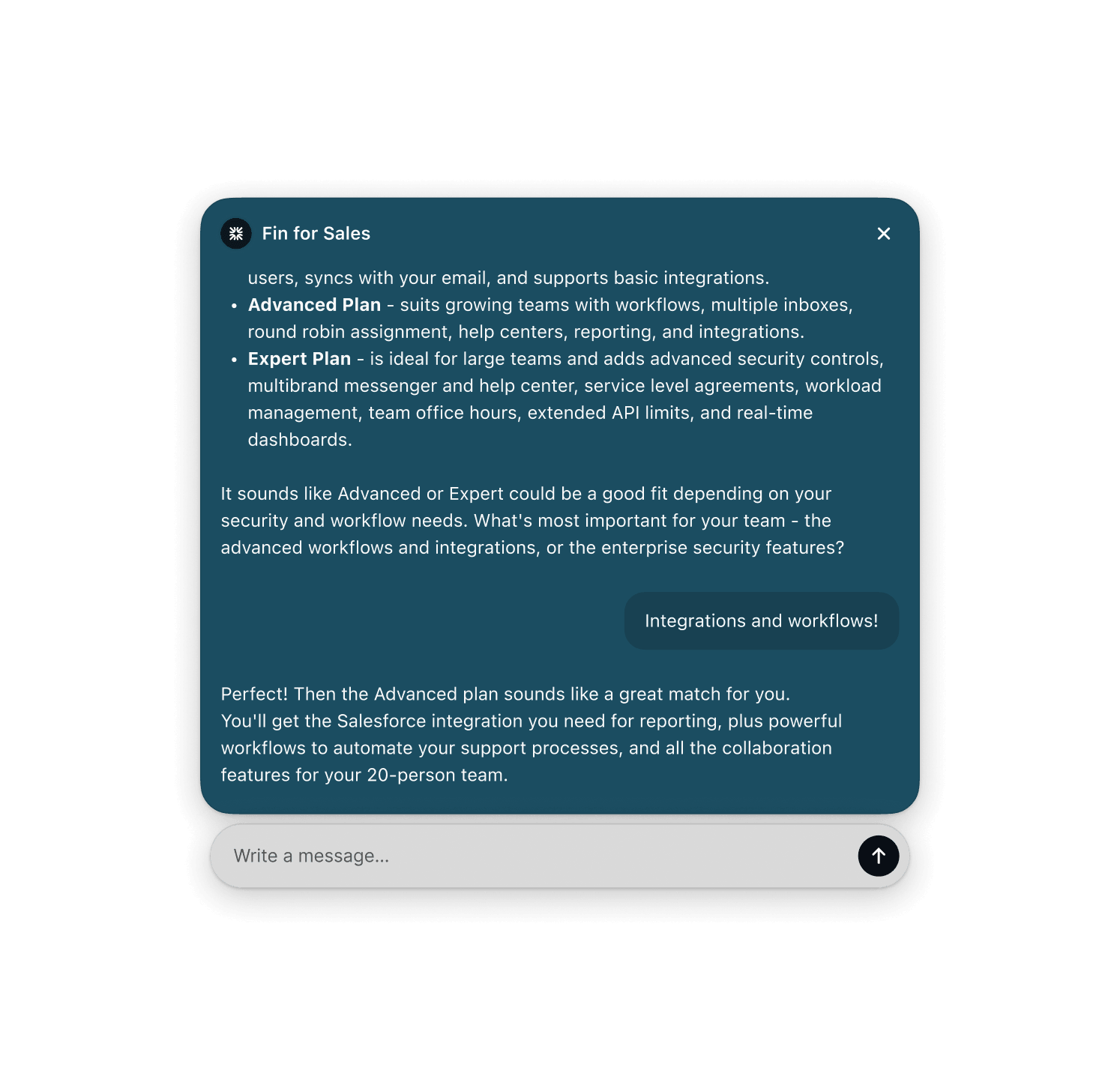Fin Sales Agent guiding product discovery in a chat conversation