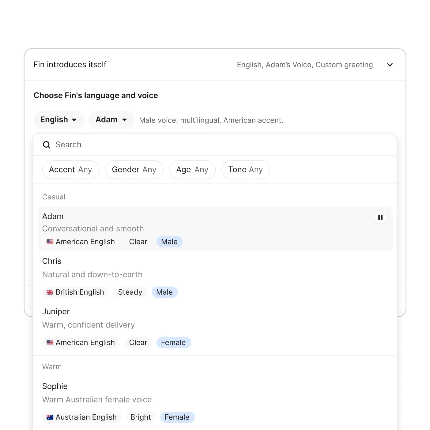 Voice selection interface showing language and voice options