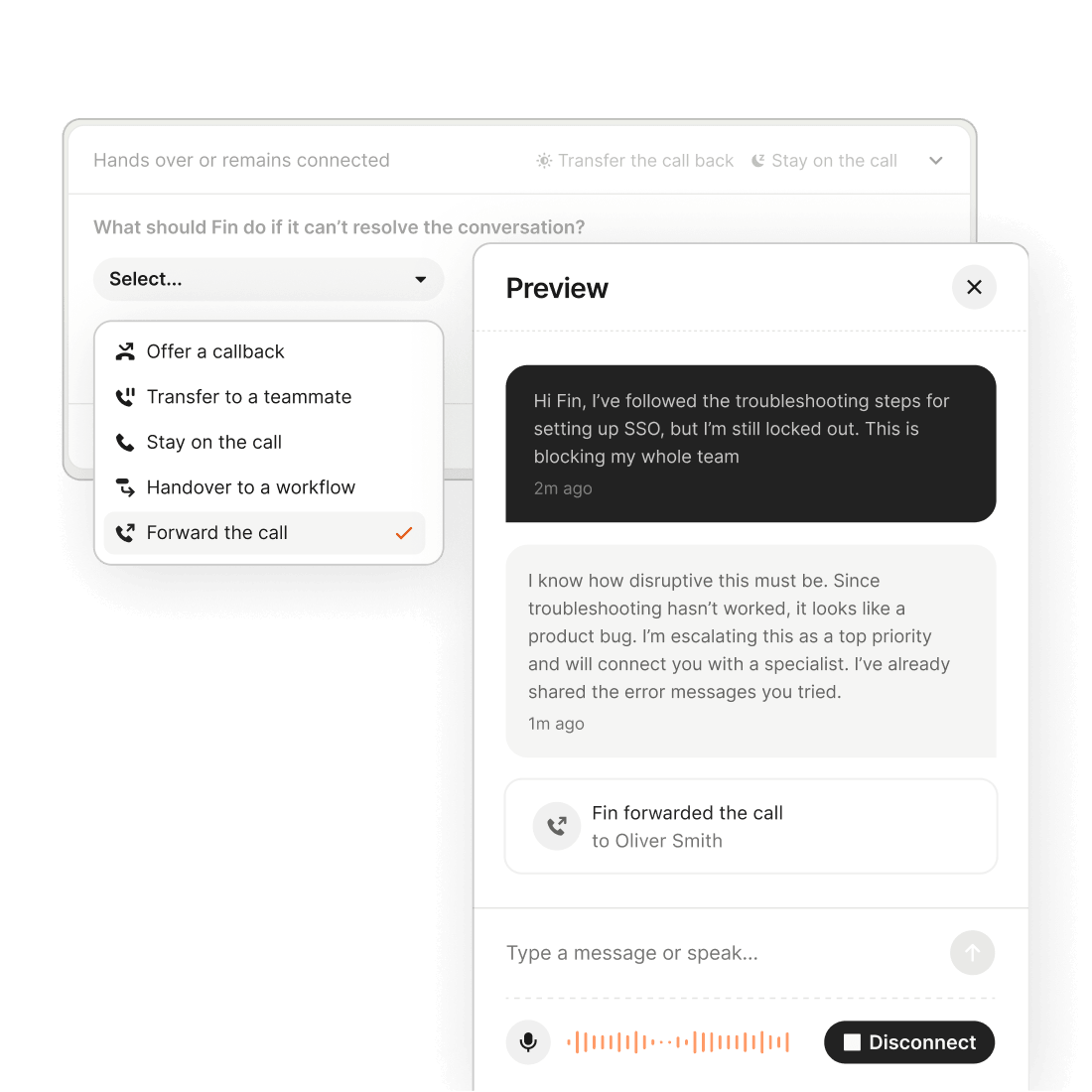Fin Voice handoff simulation to a teammate, workflow, or callback