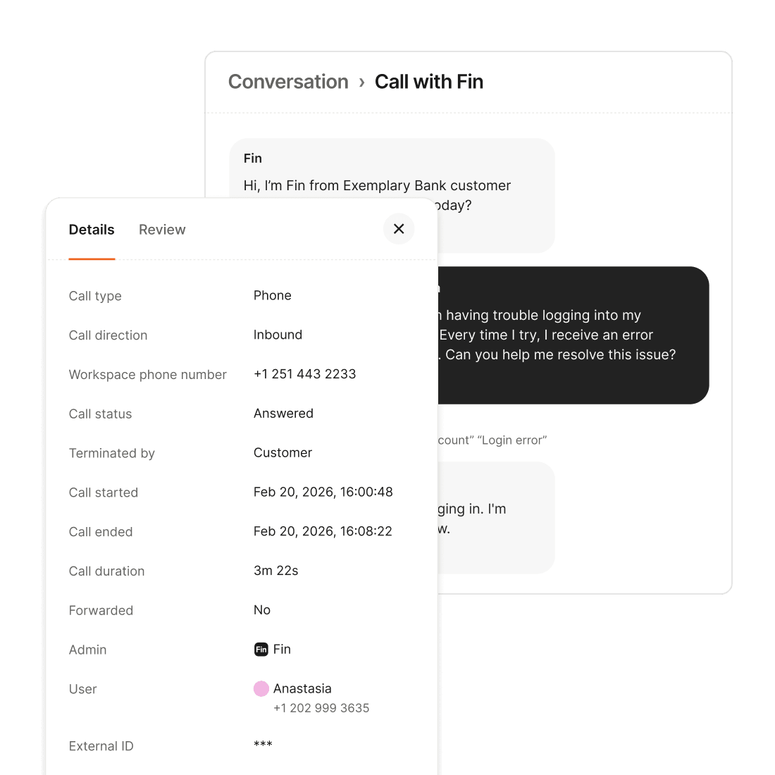 Fin Voice answer inspection with recordings, transcripts, and logic