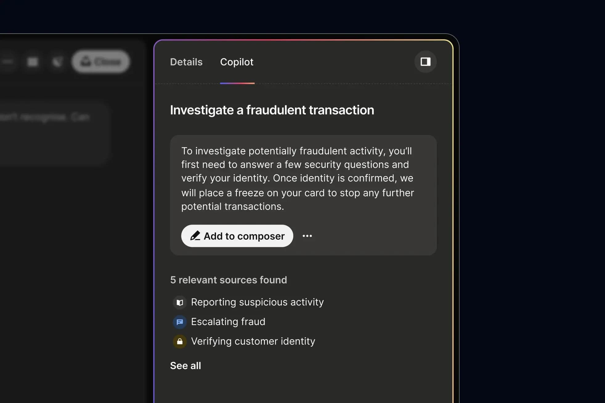 A screenshot of the Copilot interface showcasing the tool helping to compose a message regarding a fraudalent transaction