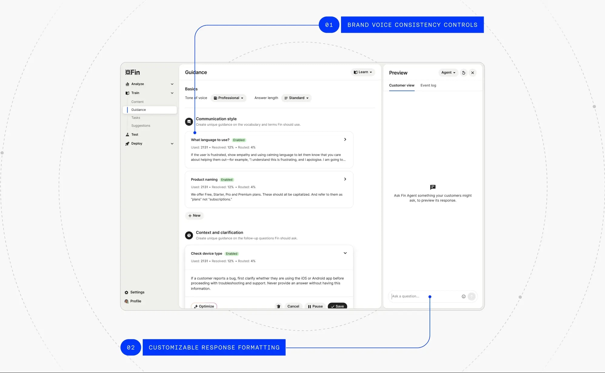 Brand voice consistency controls and customizable response formatting