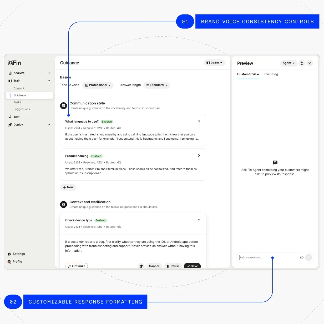 Brand voice consistency controls and customizable response formatting