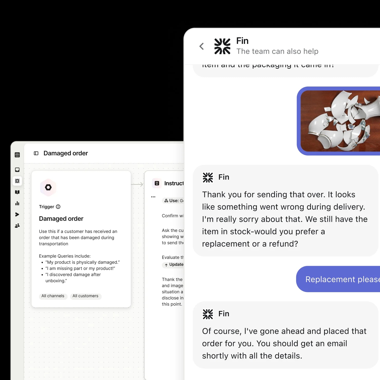 Illustration showing Fin executing ecommerce actions like refunds and order updates