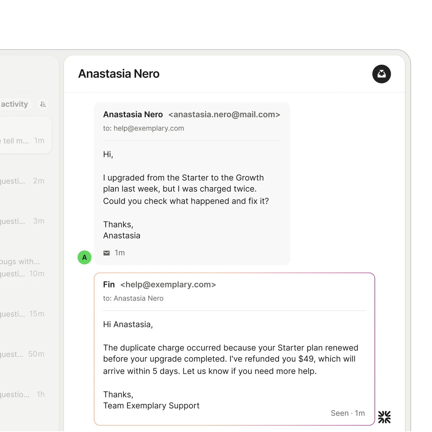 Email conversation where Fin responds to Anastasia about a duplicate charge, explaining the billing issue and confirming a $49 refund