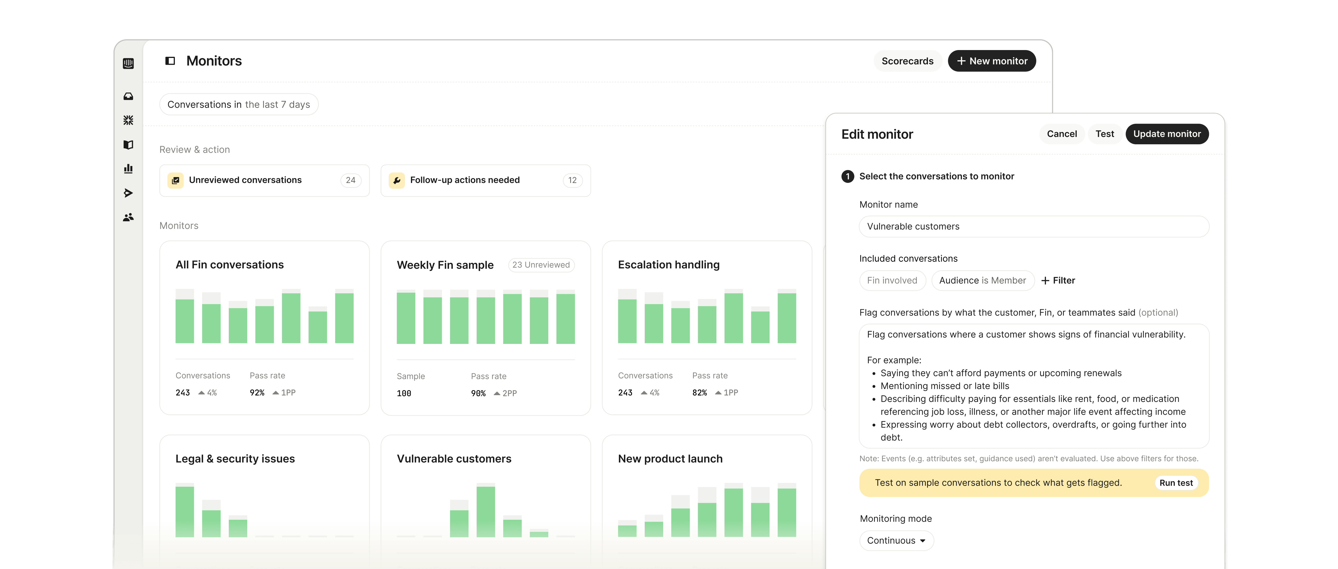 Monitors overview showing conversation tracking and edit monitor panel