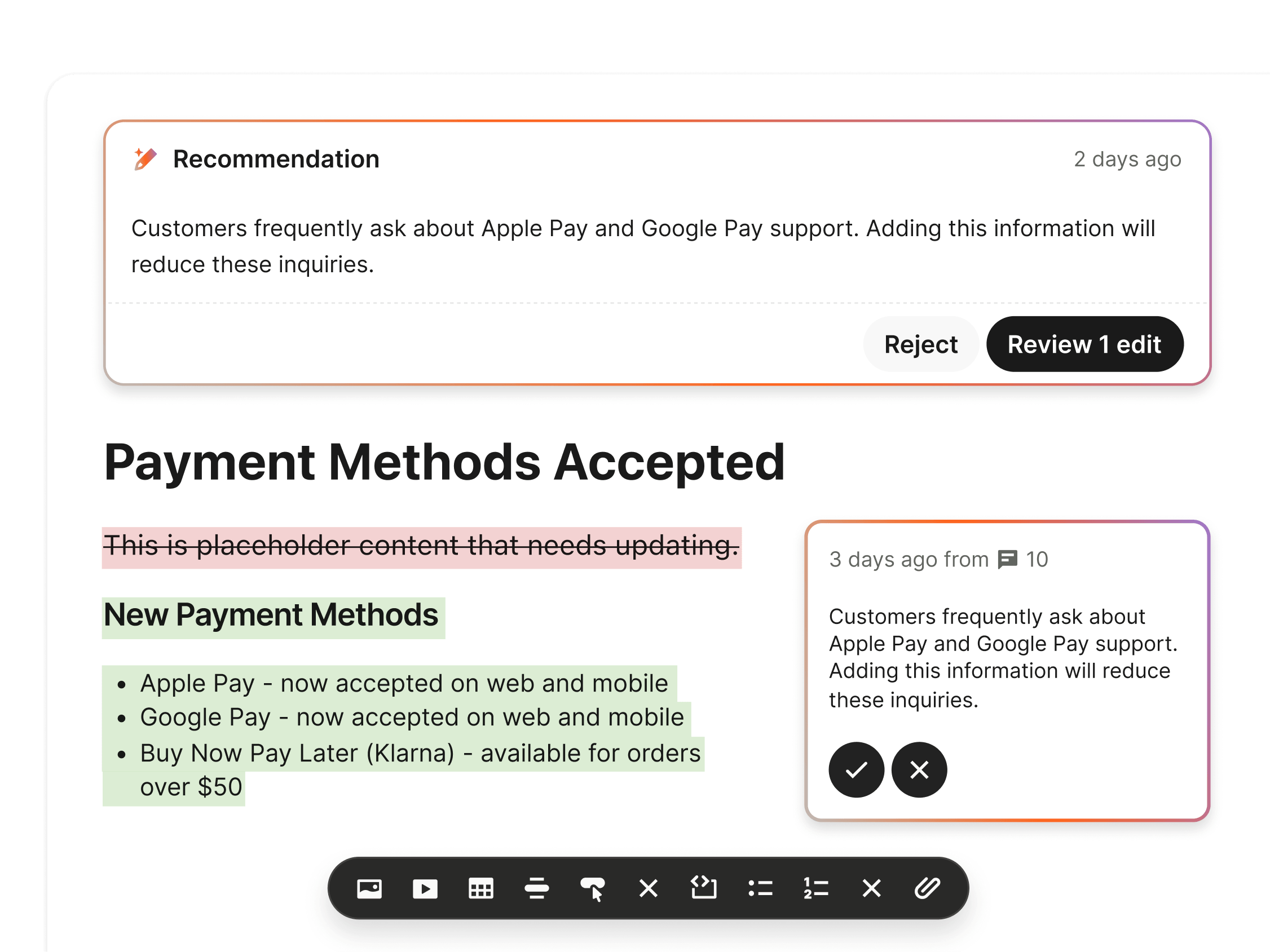 One-click content update interface for improving Fin