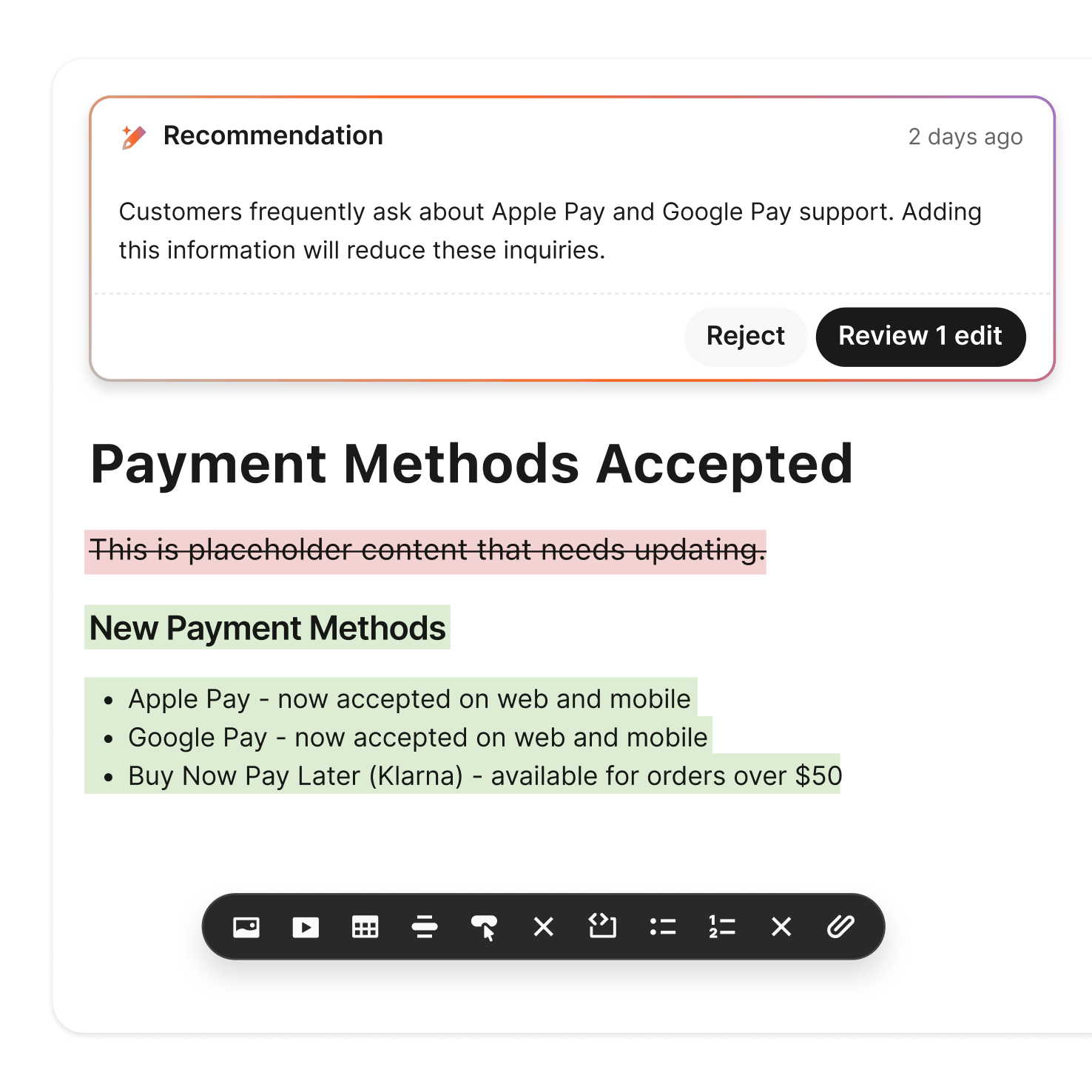 One-click content update interface for improving Fin