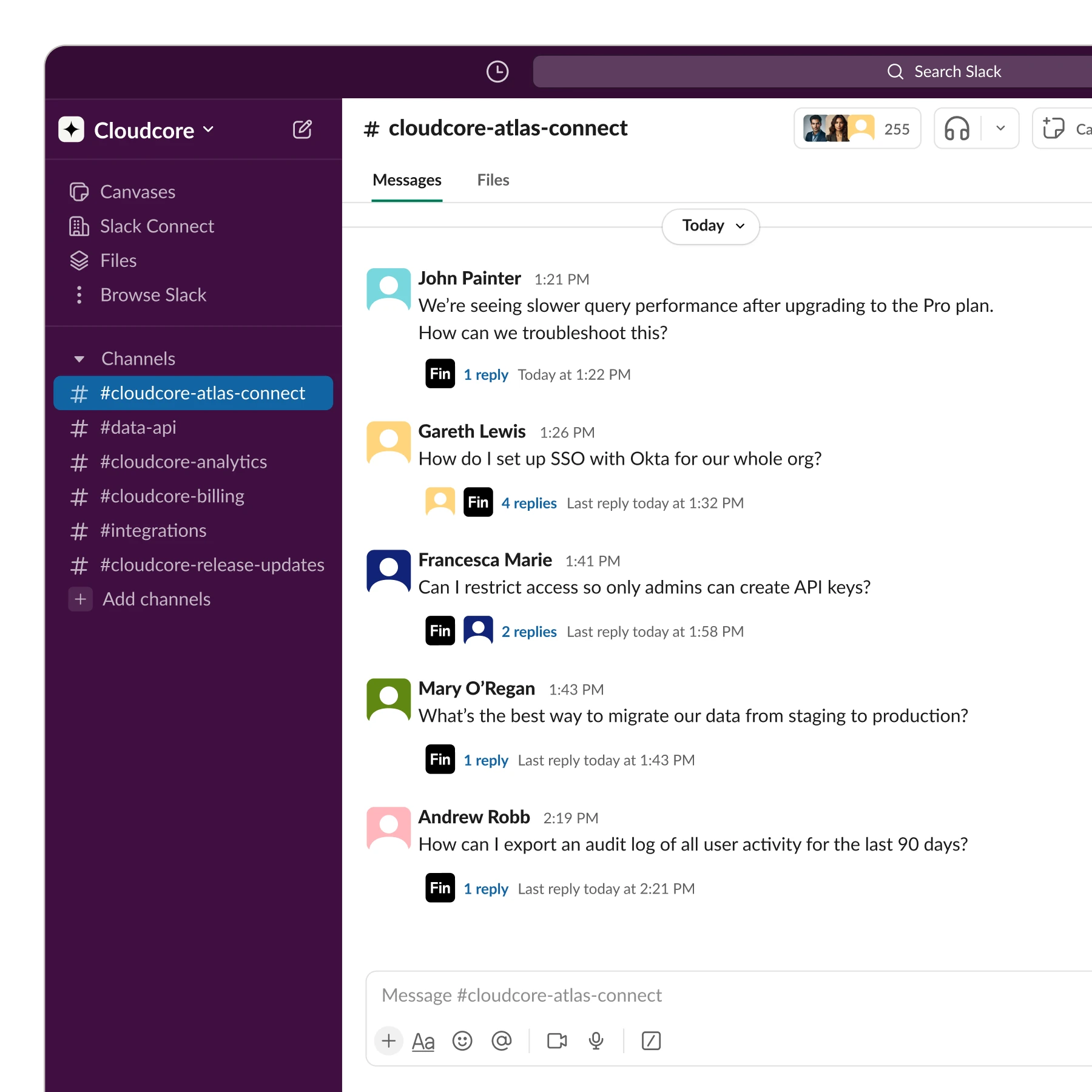Fin responding to a customer question in a Slack Connect channel