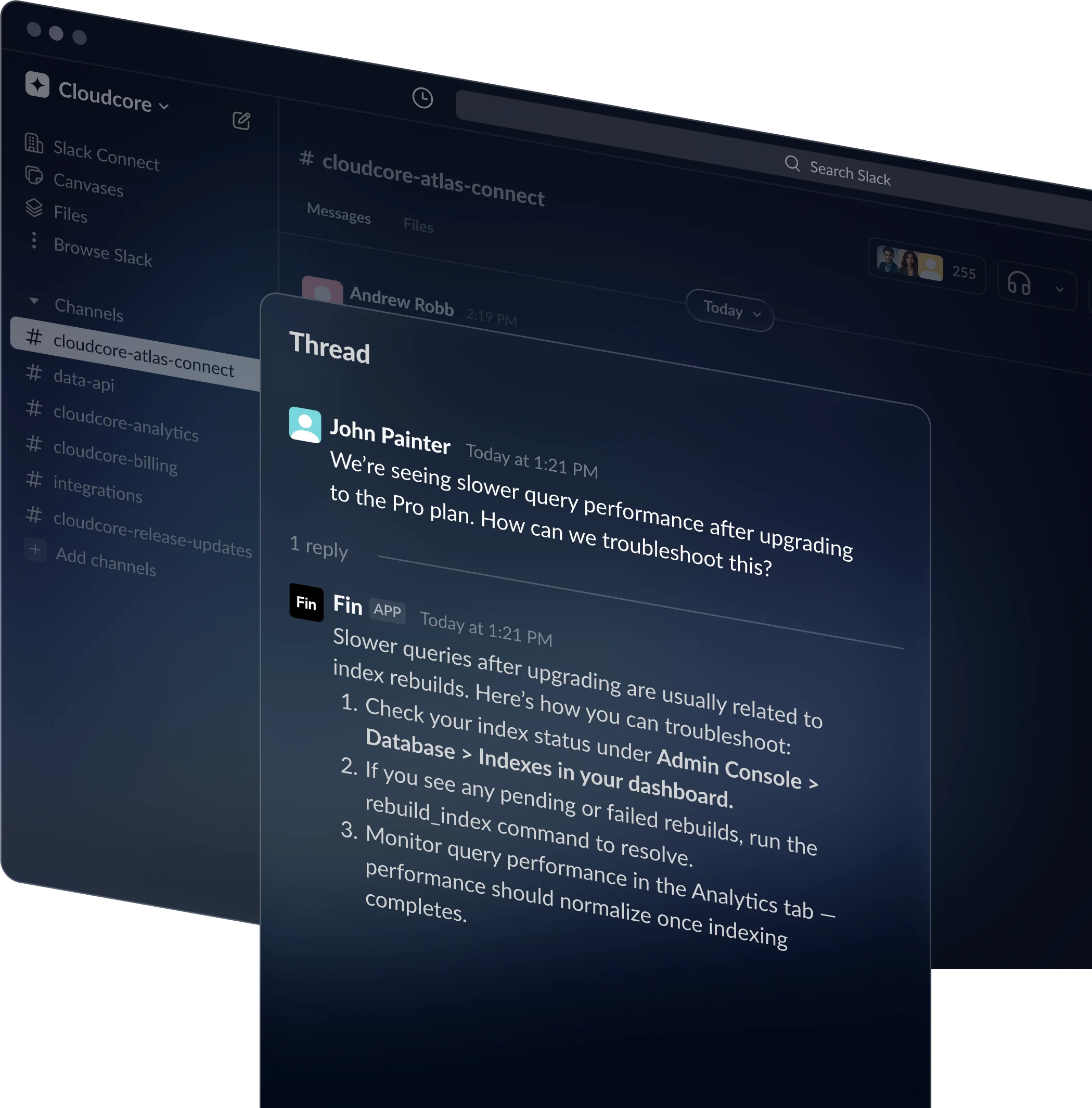 Fin resolving a customer question in a threaded Slack reply