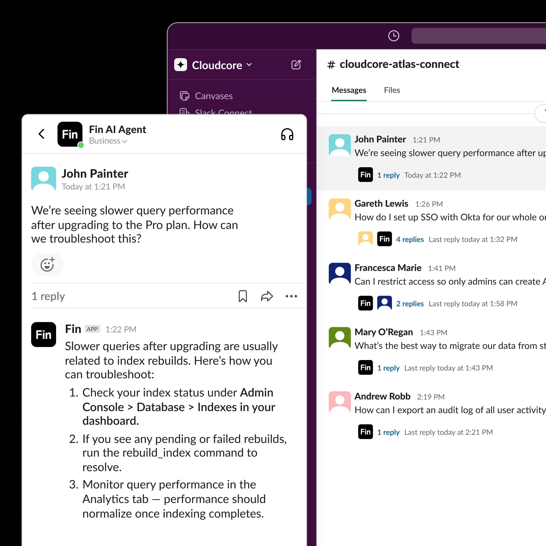Slack conversation where Fin responds to a customer query in a threaded reply with Slack-native formatting