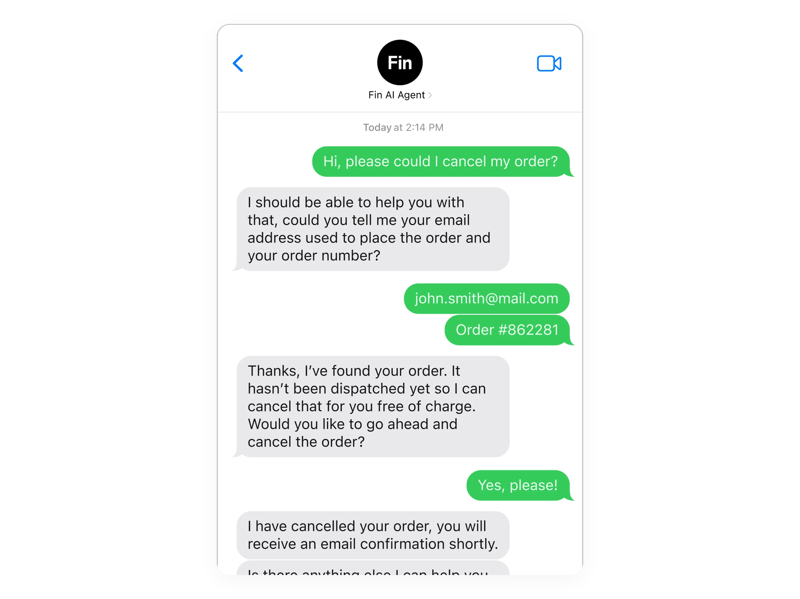 Fin canceling a customer order in an SMS text conversation
