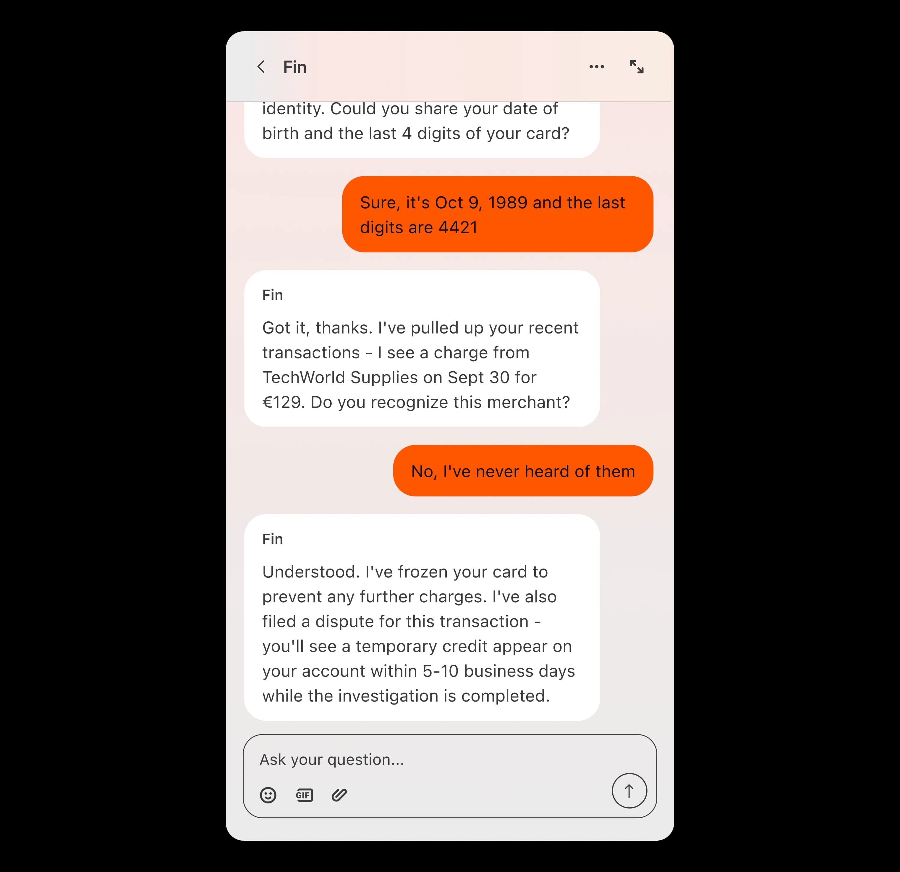Fin AI agent resolving a customer service query in chat
