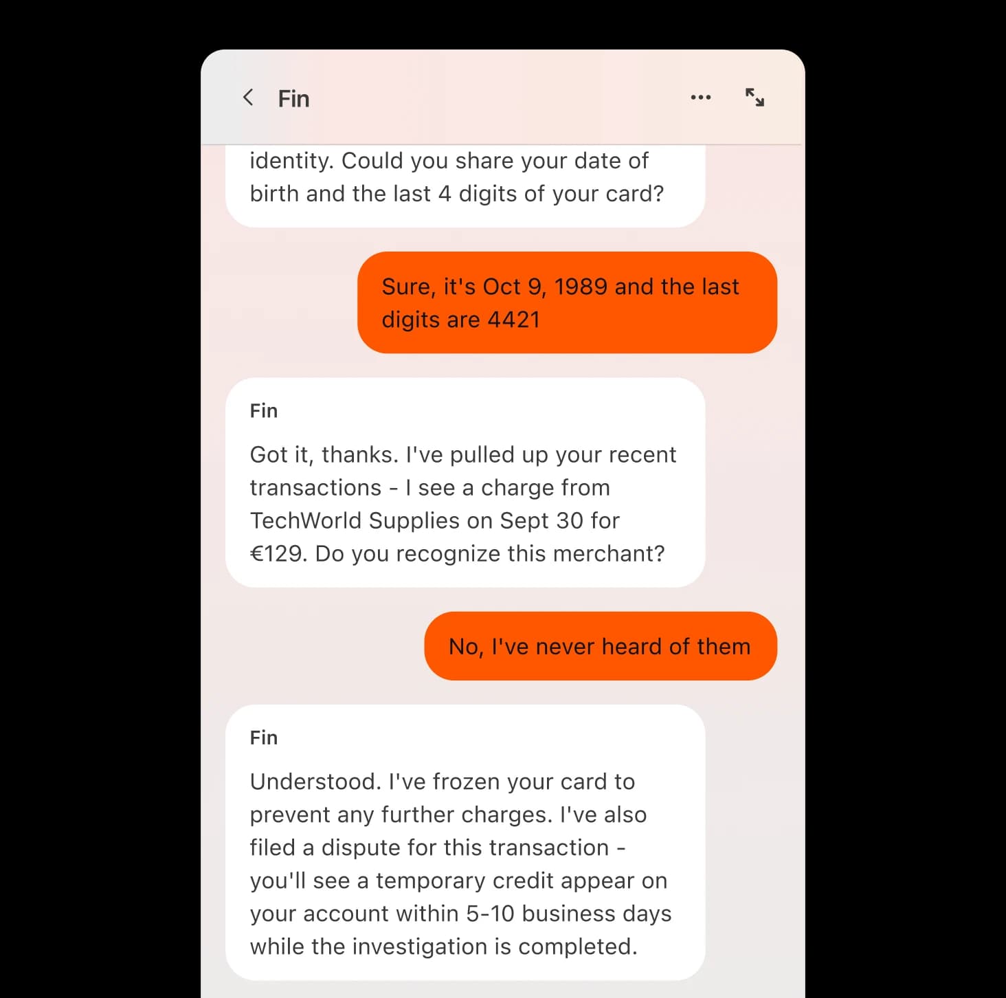 Fin AI agent resolving a customer service query in chat