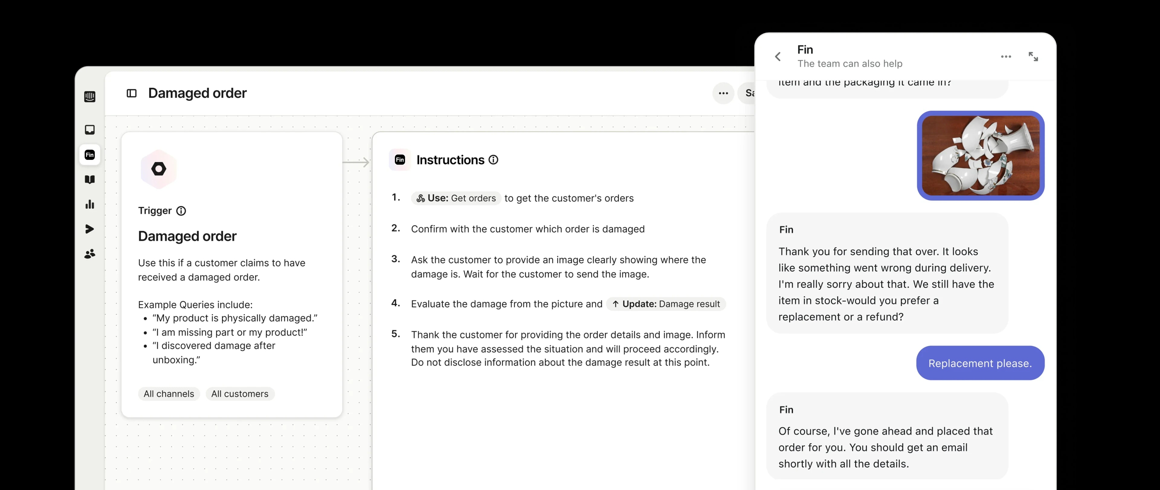 Illustration showing Fin executing ecommerce actions like refunds and order updates