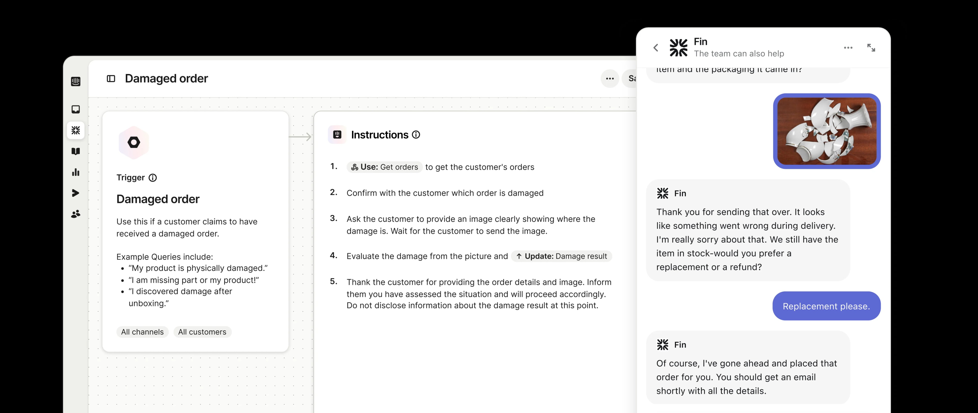 Illustration showing Fin executing ecommerce actions like refunds and order updates