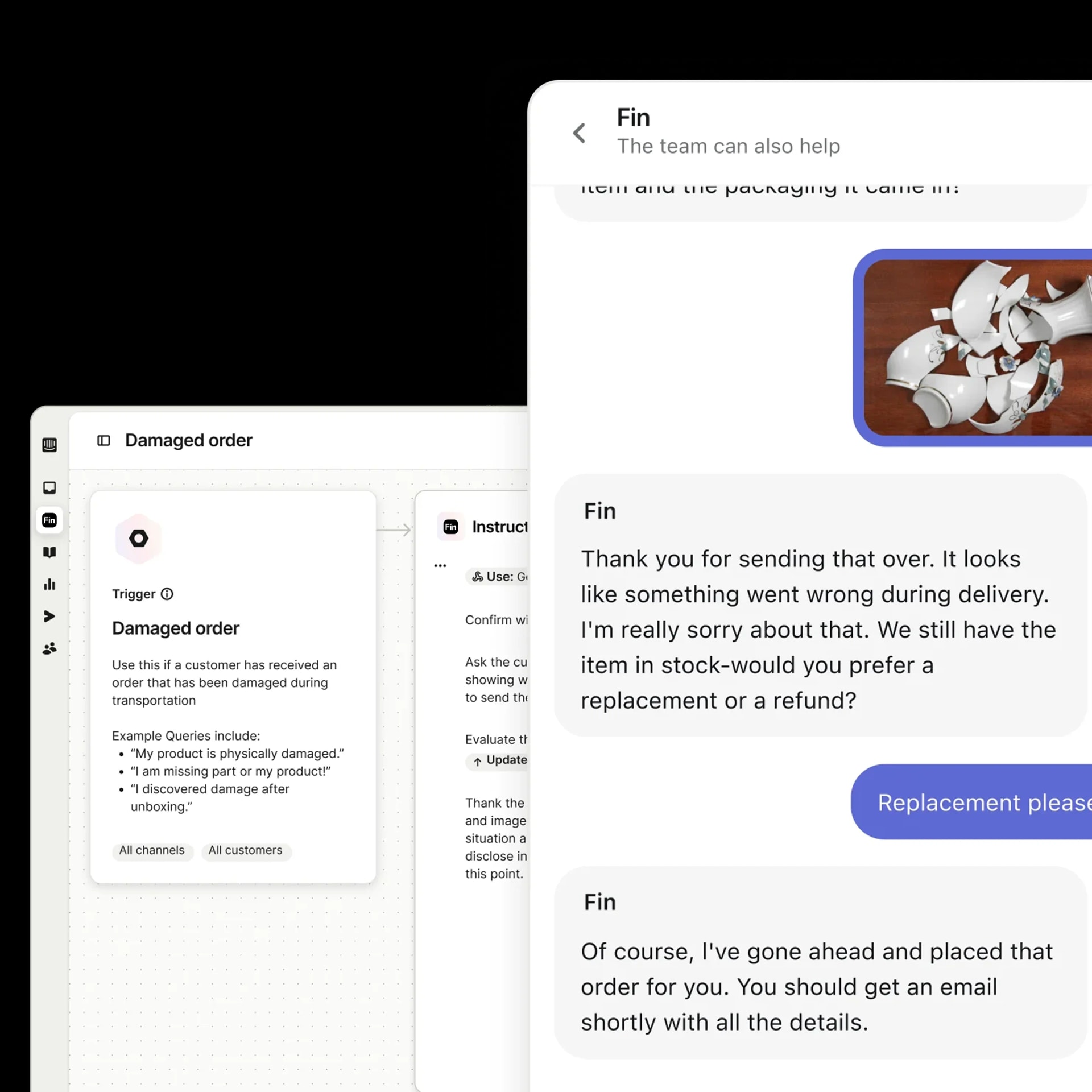 Illustration showing Fin executing ecommerce actions like refunds and order updates