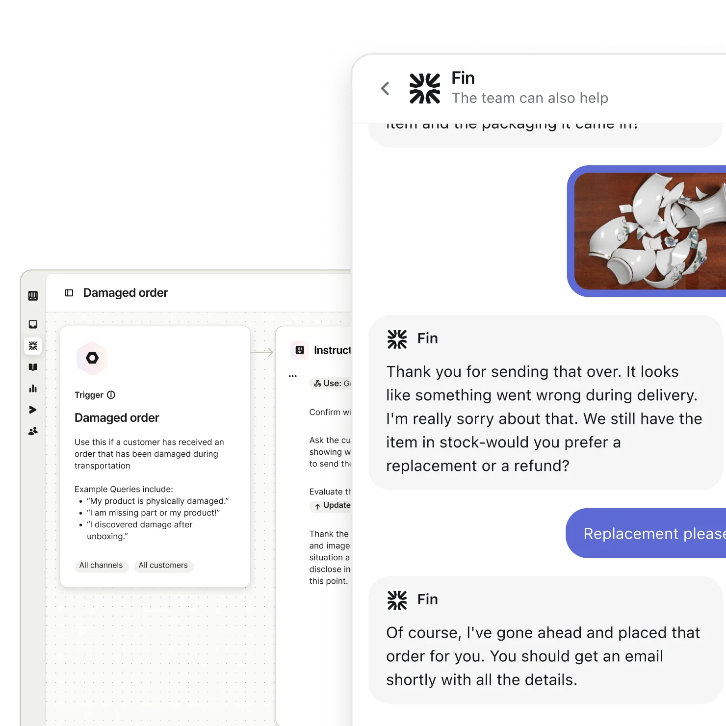 Illustration showing Fin executing ecommerce actions like refunds and order updates