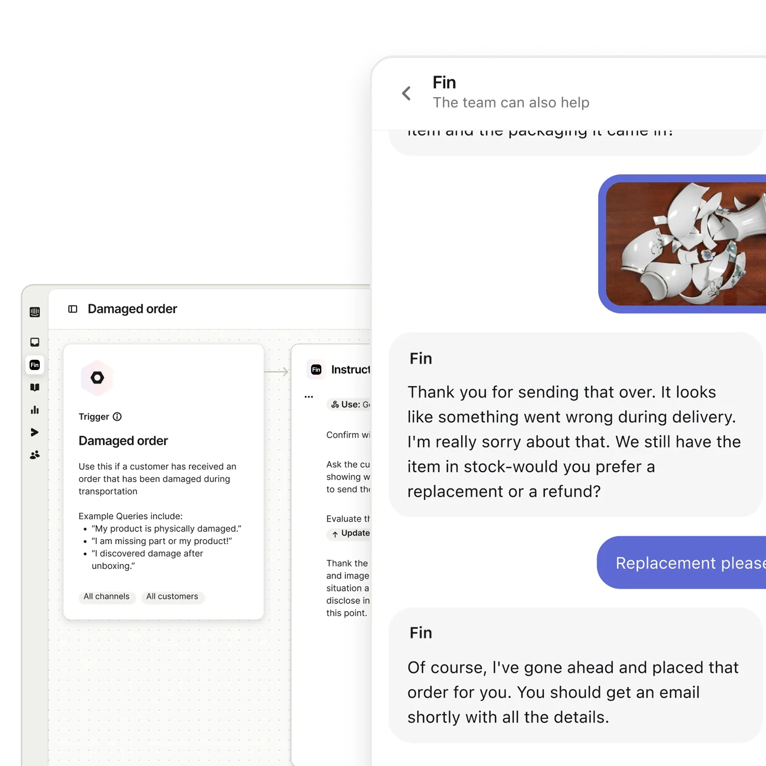 Illustration showing Fin executing ecommerce actions like refunds and order updates
