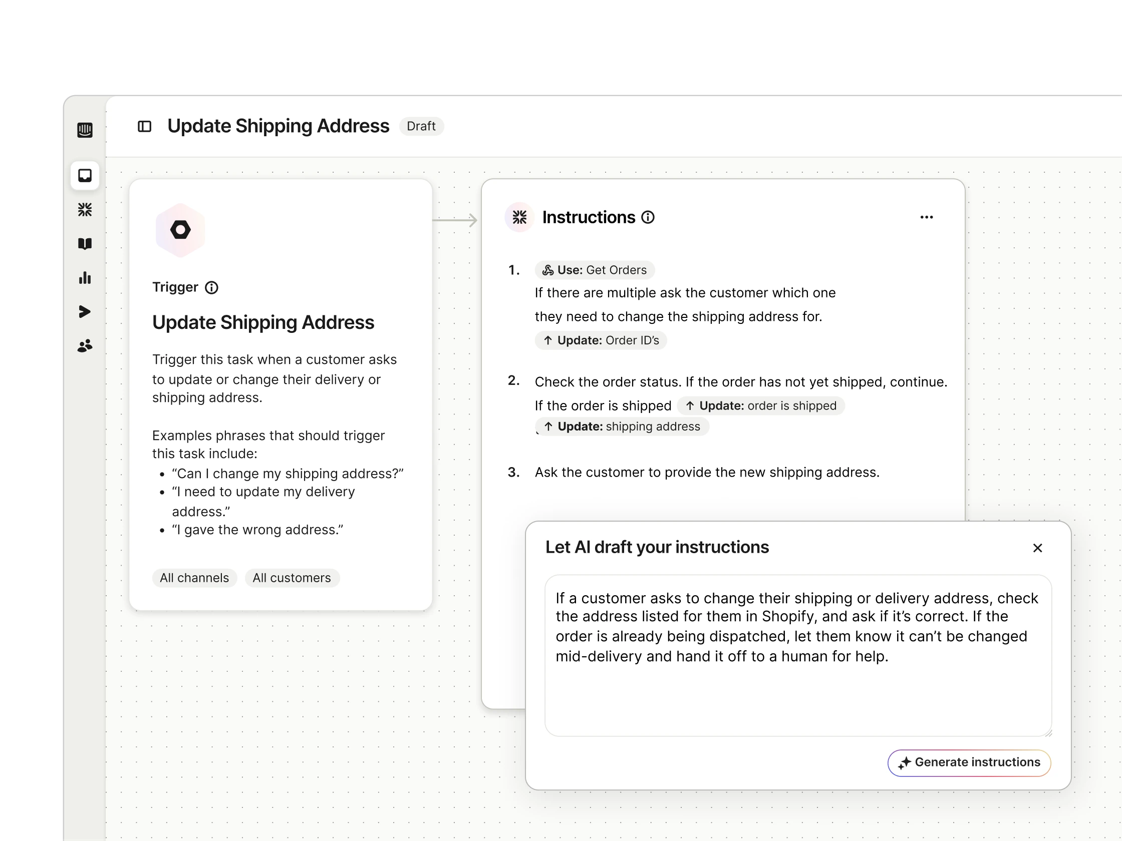 Illustration showing Fin taking instant actions across connected systems (desktop)