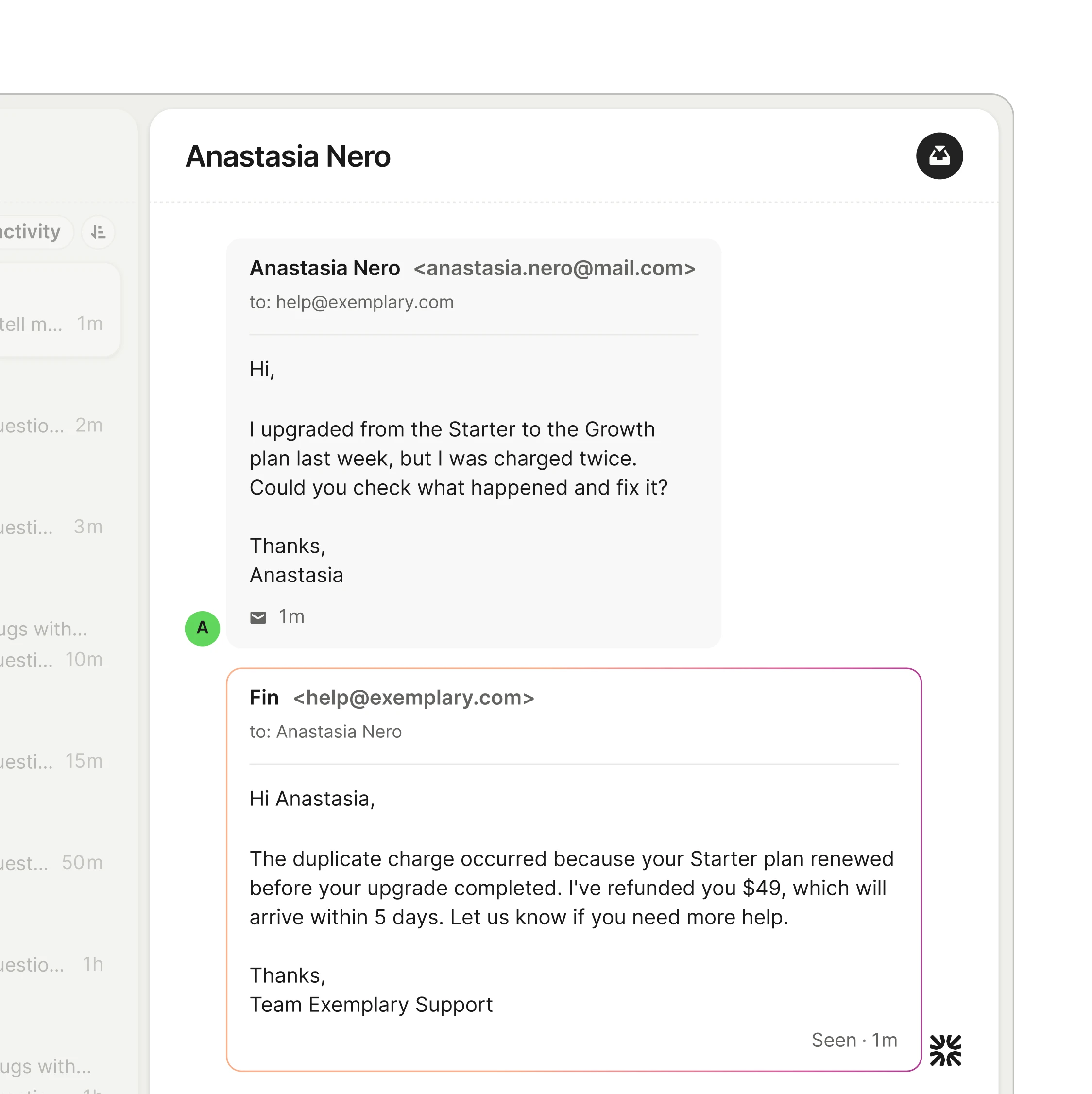 Email conversation where Fin responds to Anastasia about a duplicate charge, explaining the billing issue and confirming a $49 refund