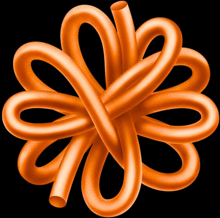 A bright orange, glossy, tube-like shape looping and intertwining into a symmetrical, flower-like knot