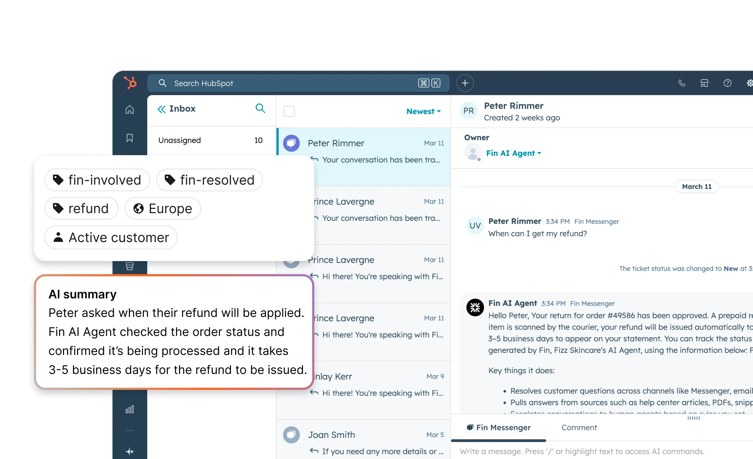 Fin following HubSpot ticket routing and automation workflows