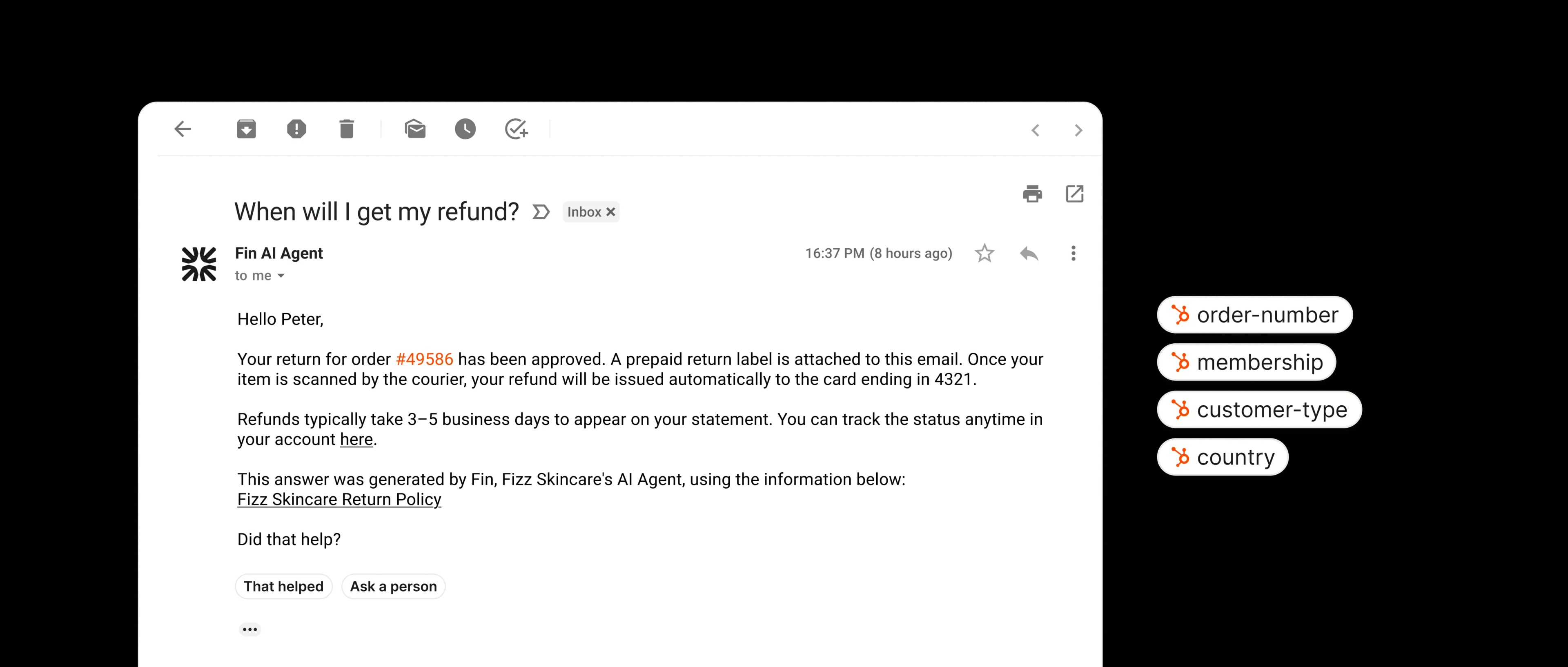 Fin personalizing answers using HubSpot contact data