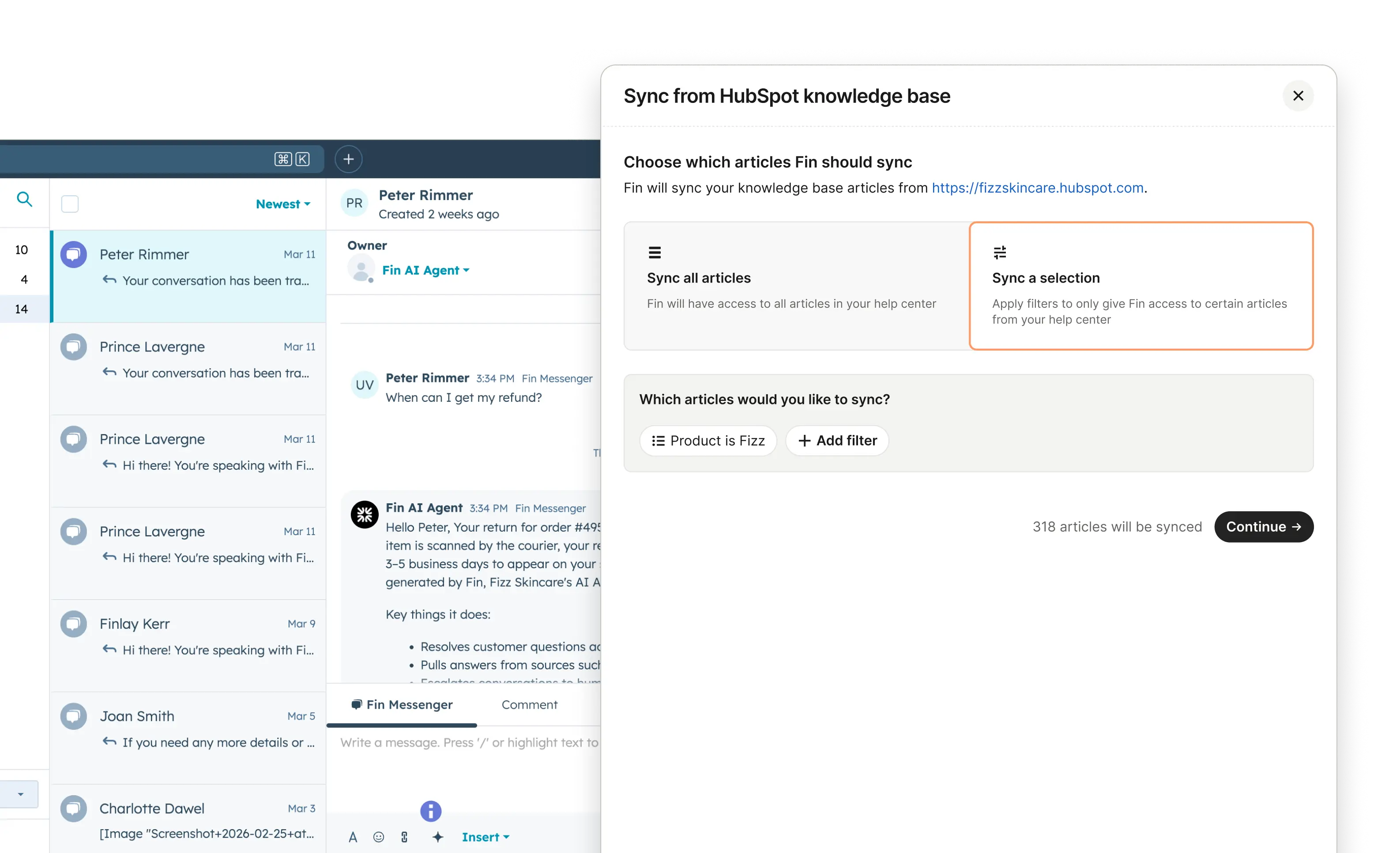 Fin connecting to HubSpot with no migration required