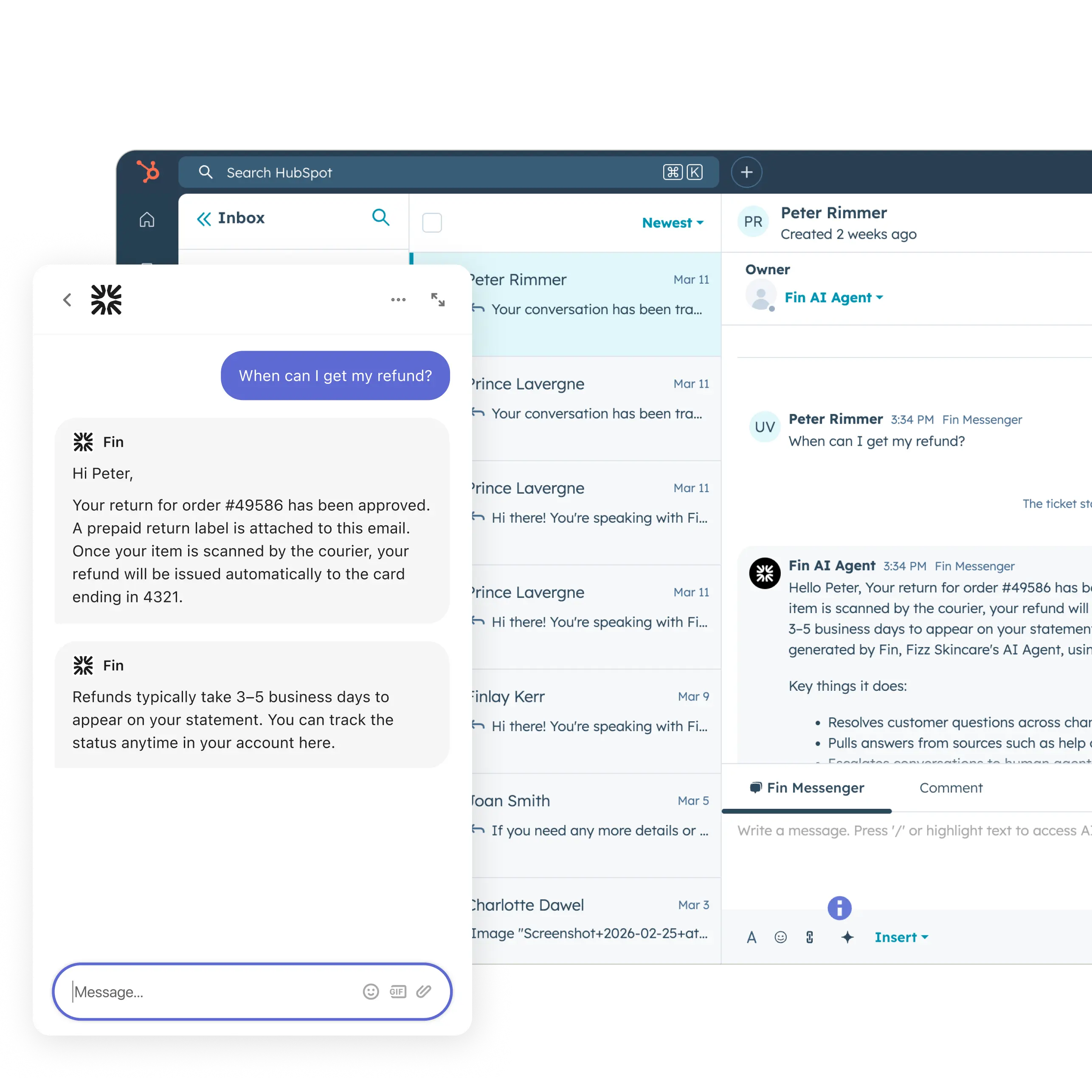 Fin Messenger live chat on HubSpot