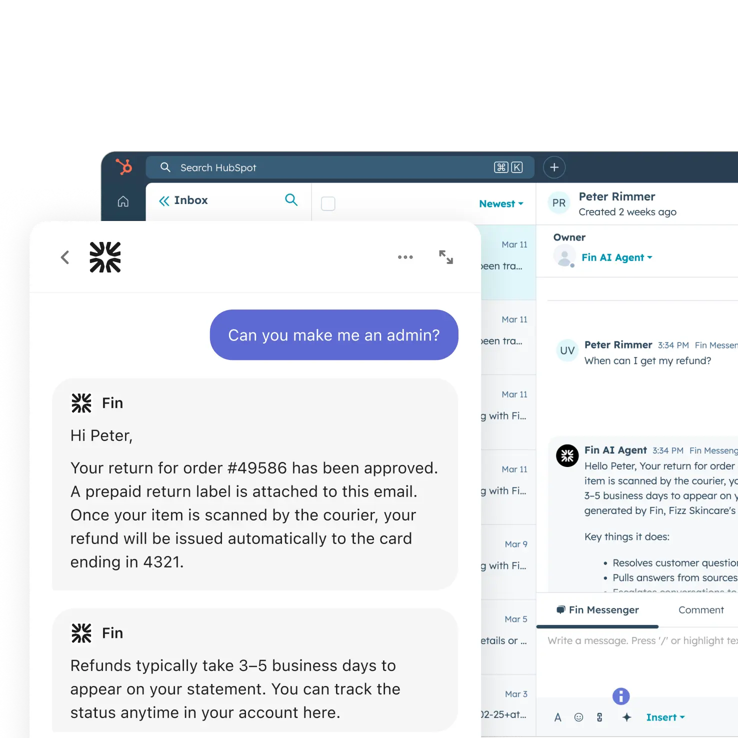 Fin Messenger live chat on HubSpot