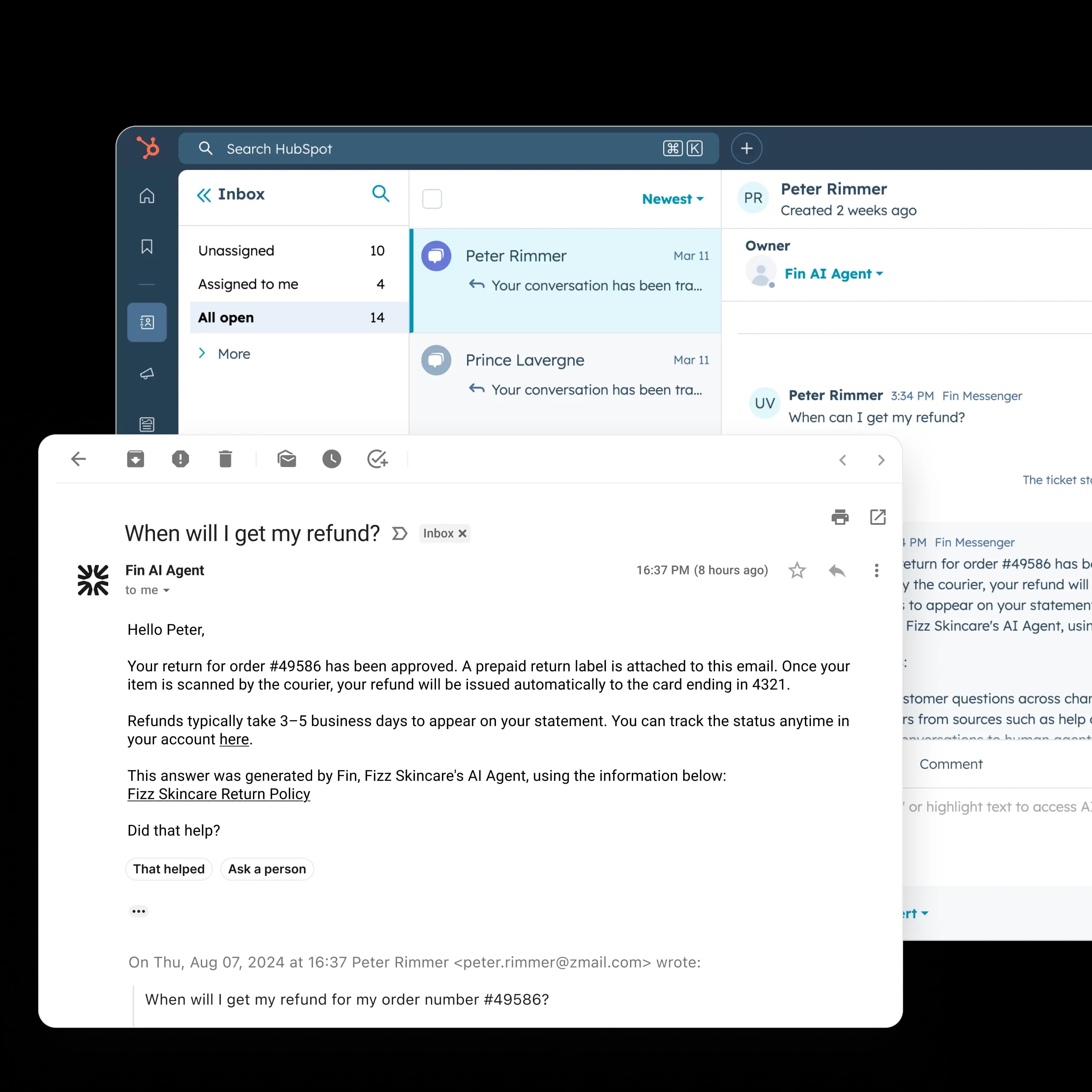 Fin Email support on HubSpot