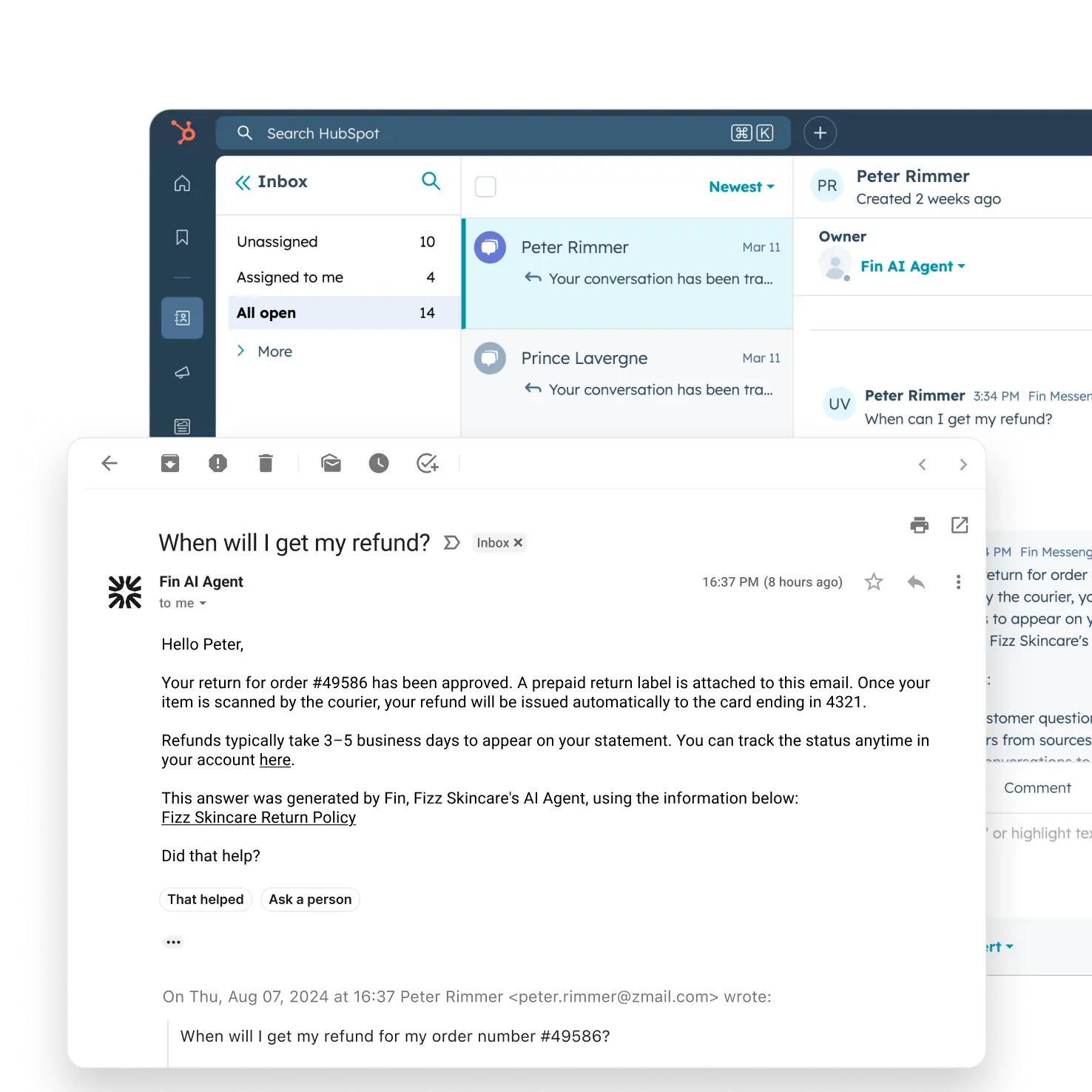 Fin Email support on HubSpot