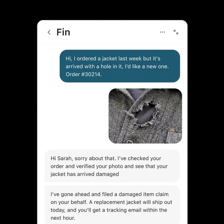 Fin resolving a customer's damaged-order request in the Messenger, with an AI conversation summary