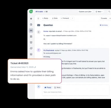 Fin resolving a customer query inside Freshdesk