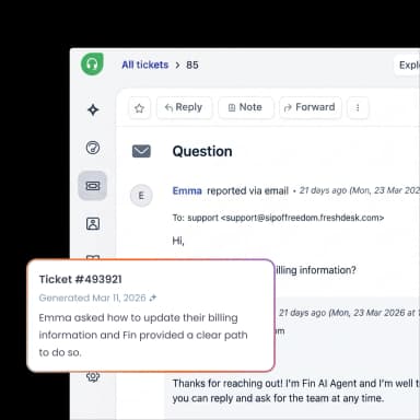 Fin resolving a customer query inside Freshdesk