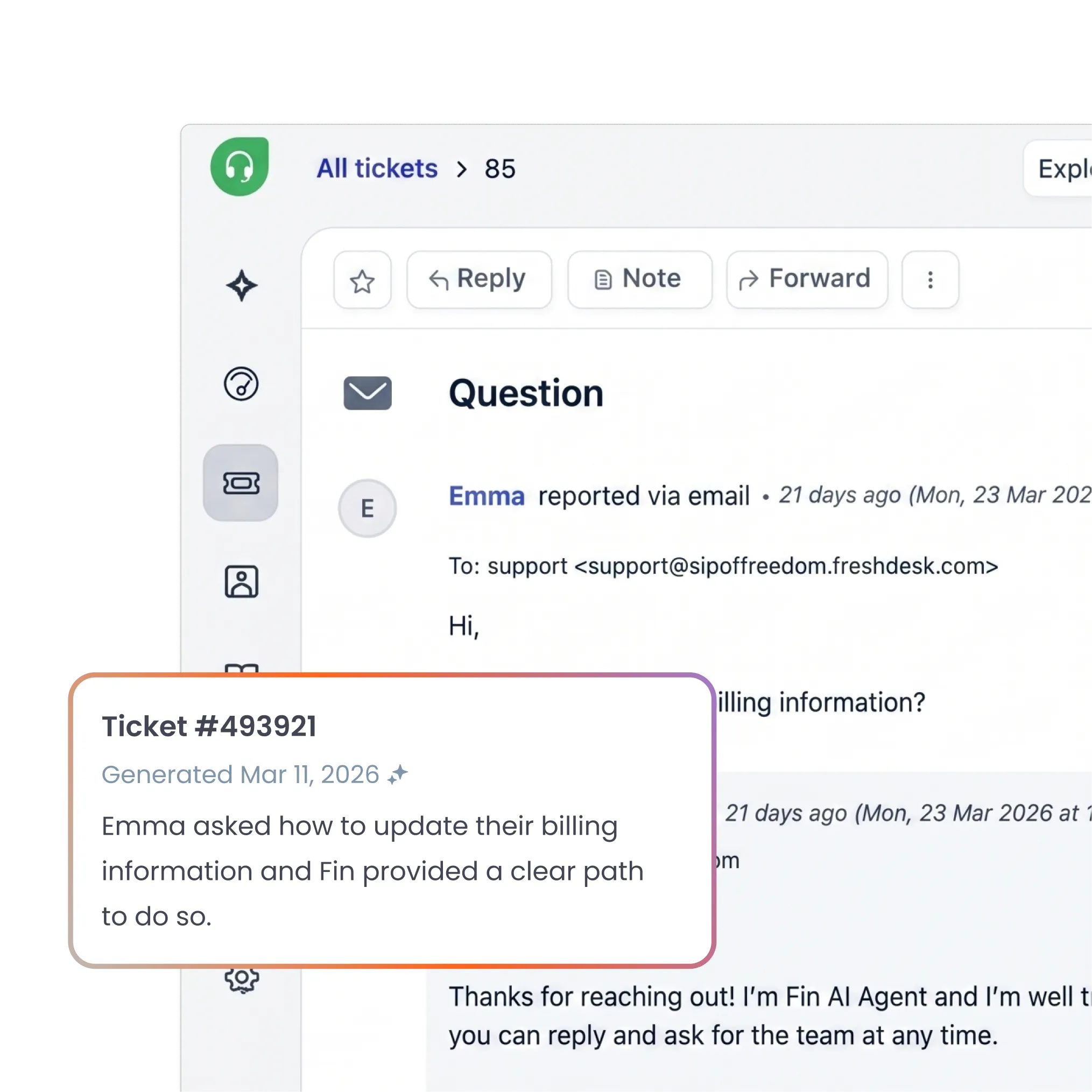 Fin resolving a customer query inside Freshdesk