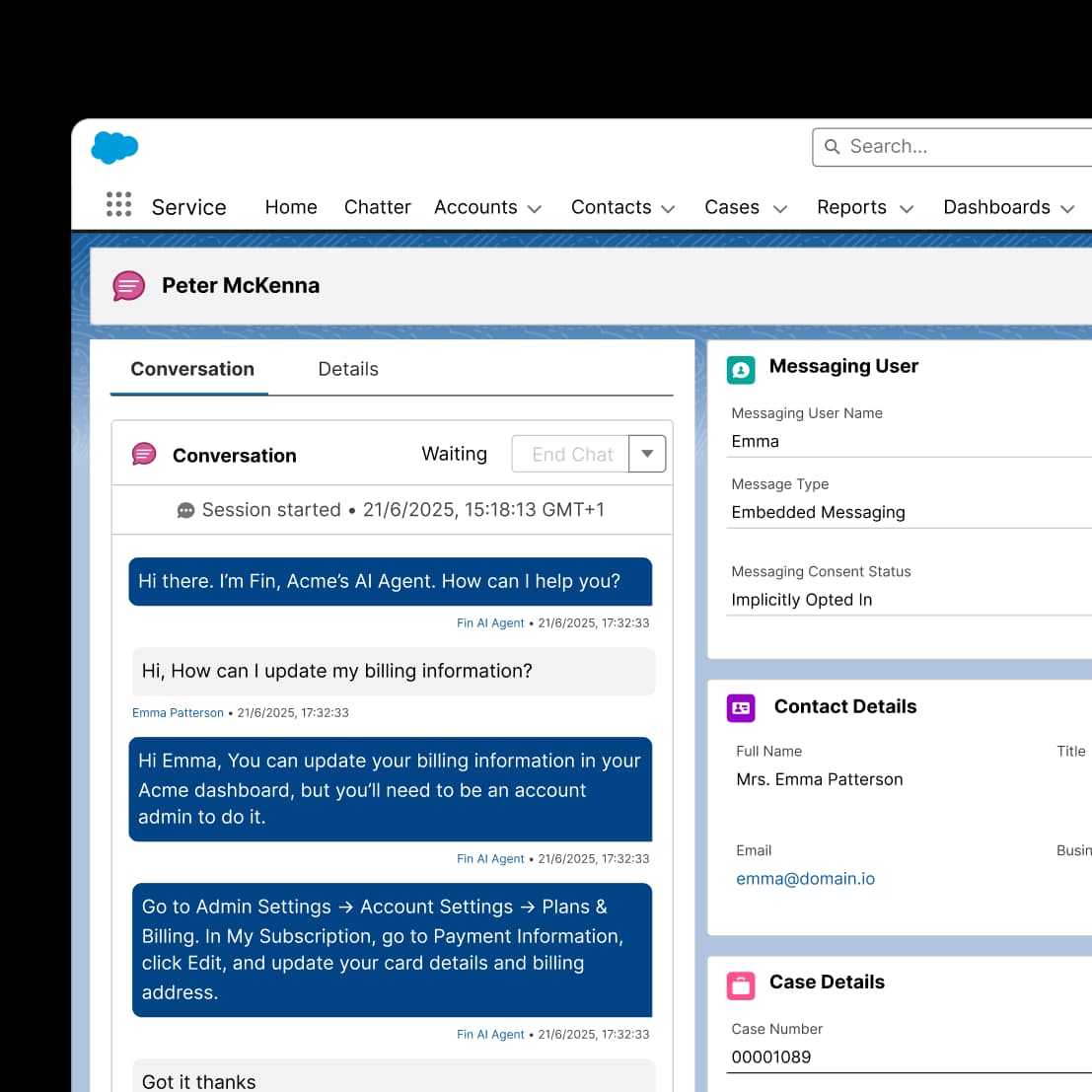 Fin integrates with Salesforce