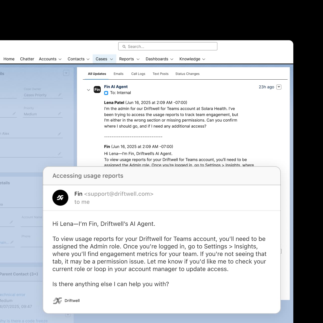 Fin resolving a customer query inside Salesforce