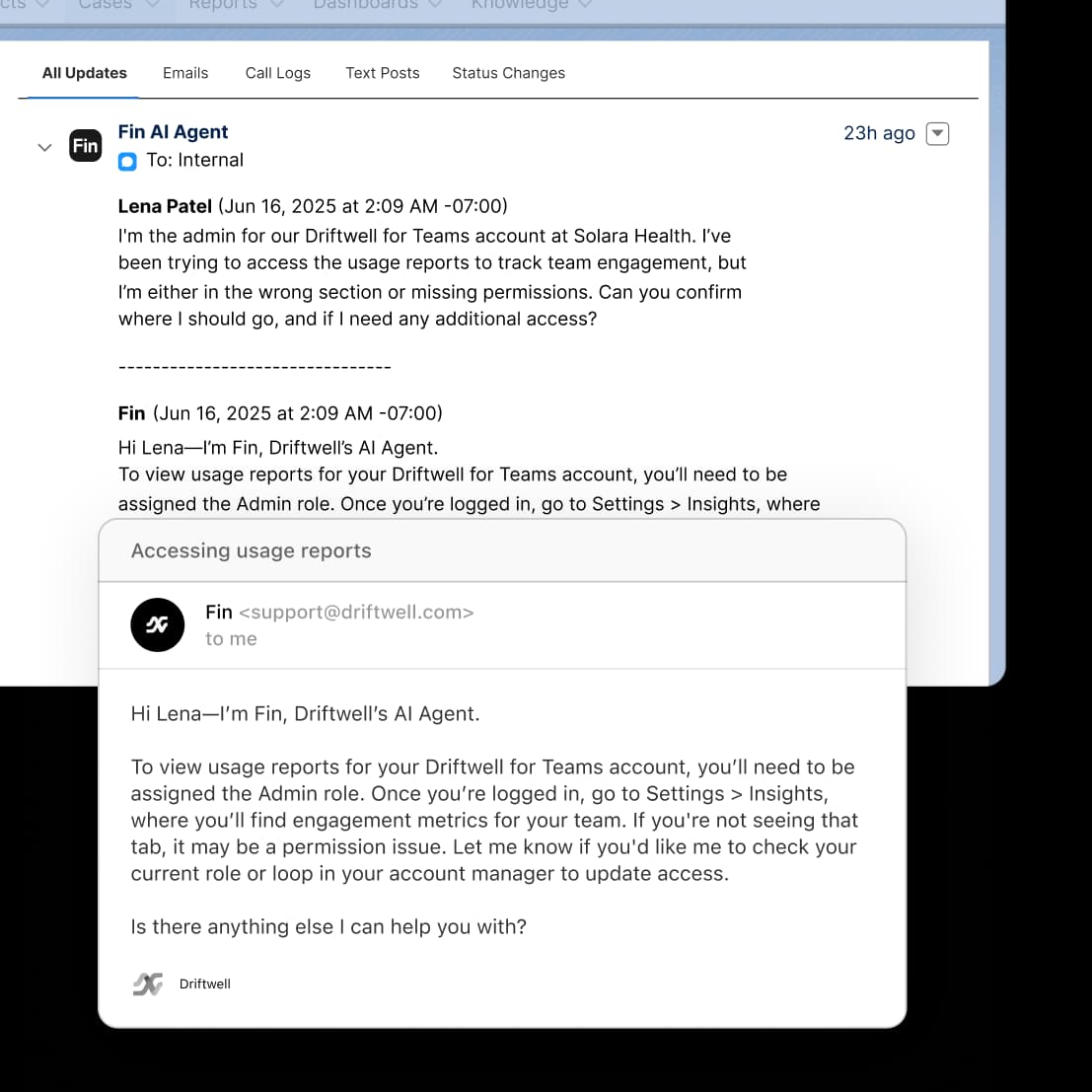 Fin resolving a customer query inside Salesforce