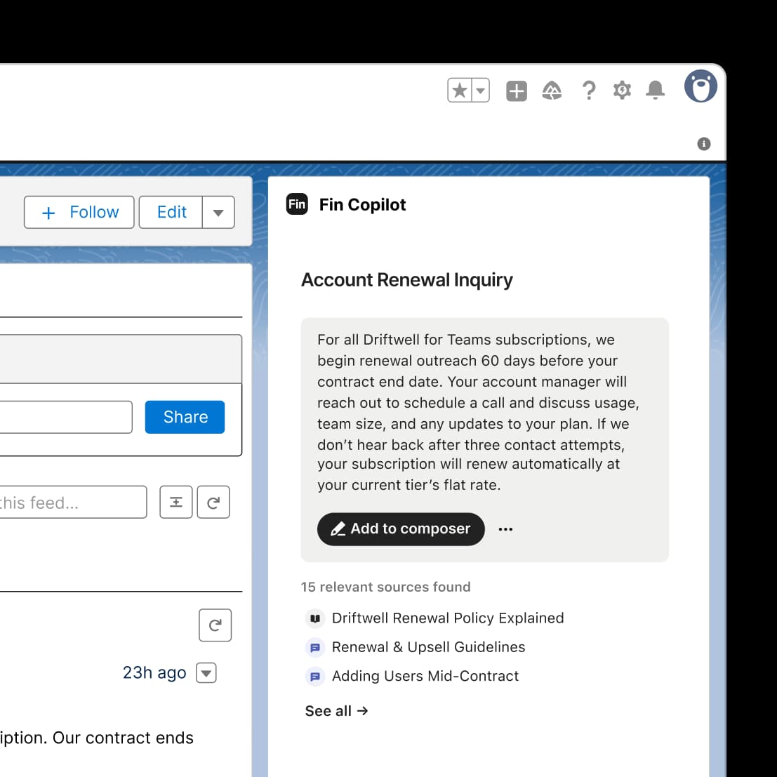 Fin Copilot inside Salesforce Service Cloud