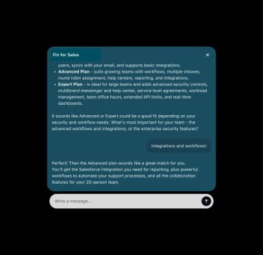 Fin Sales Agent guiding product discovery in a chat conversation