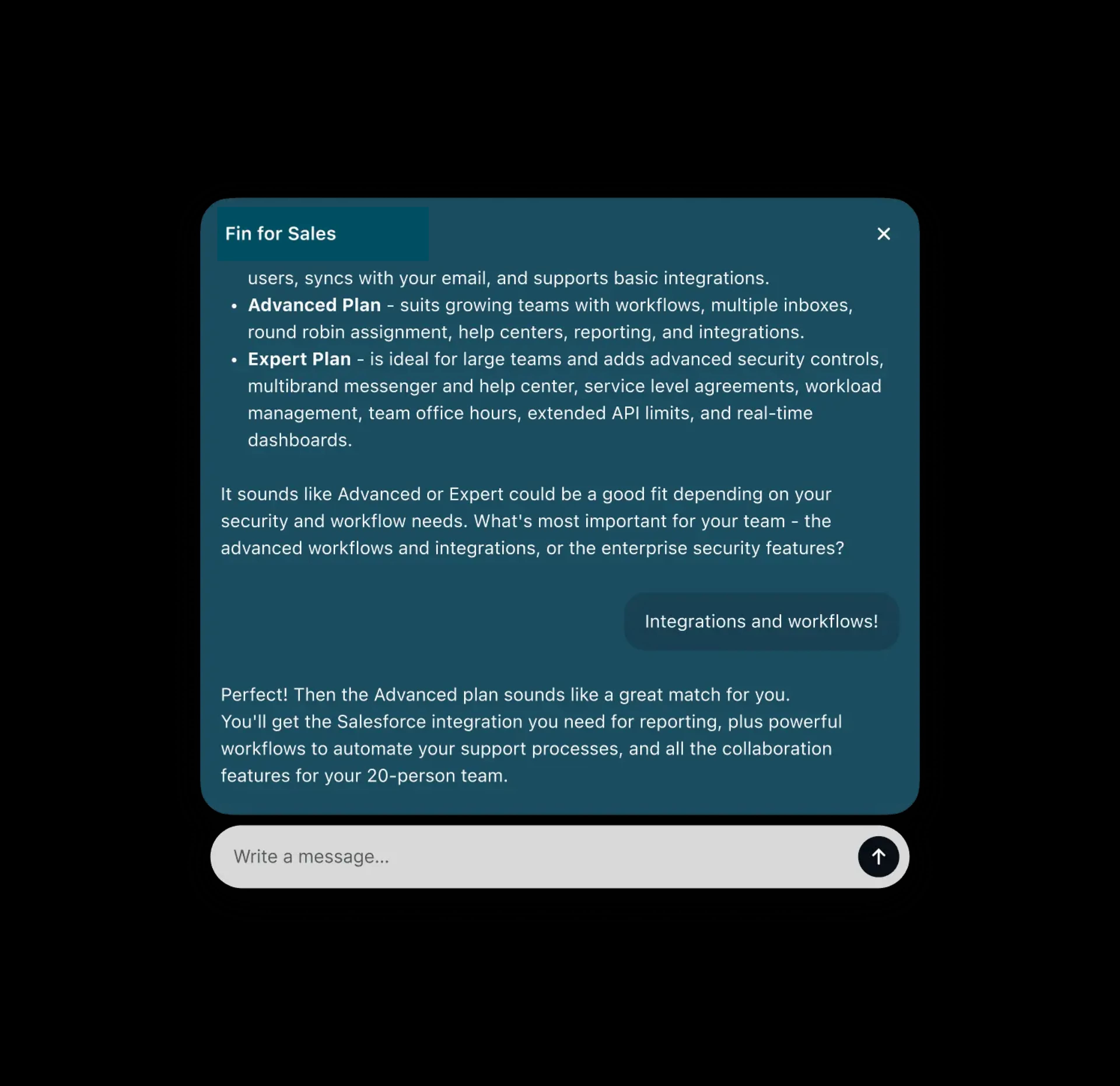 Fin Sales Agent guiding product discovery in a chat conversation
