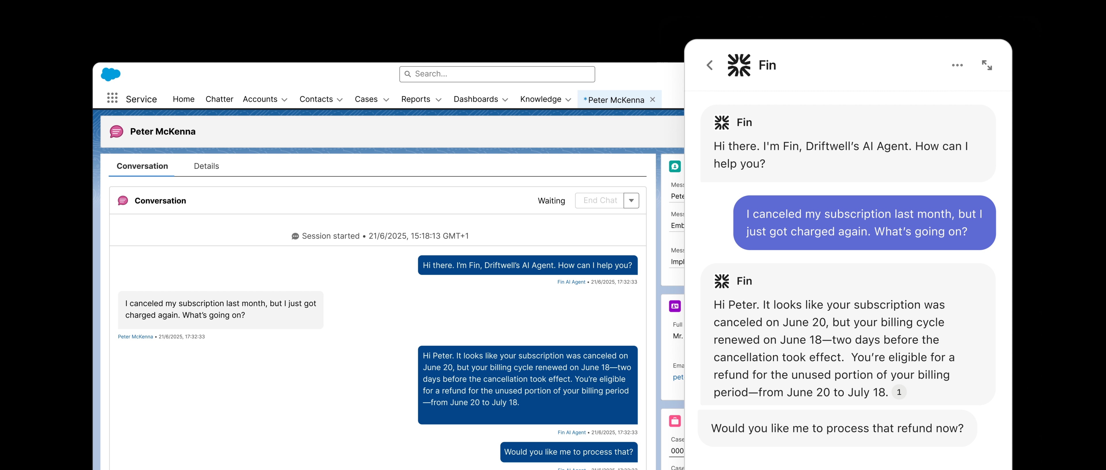 Personalizes answers and updates Salesforce