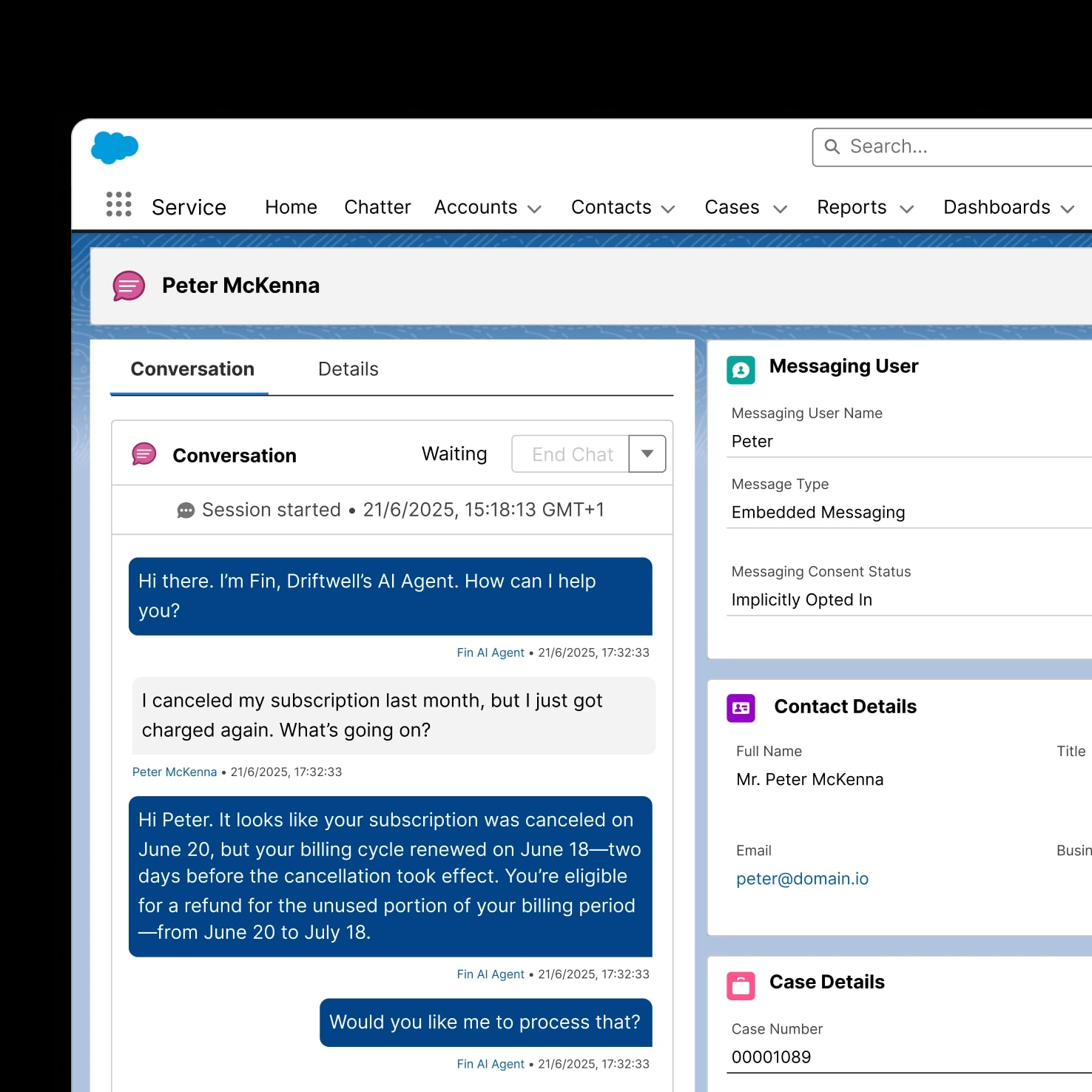 Personalizes answers and updates Salesforce